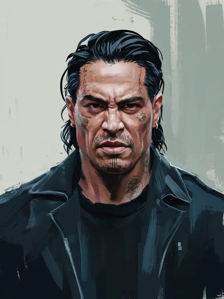 Male gang leader, portrait, head and shoulders, loose painterly style, simple abstract background, latino, black hair, facial tattoos, intimidating