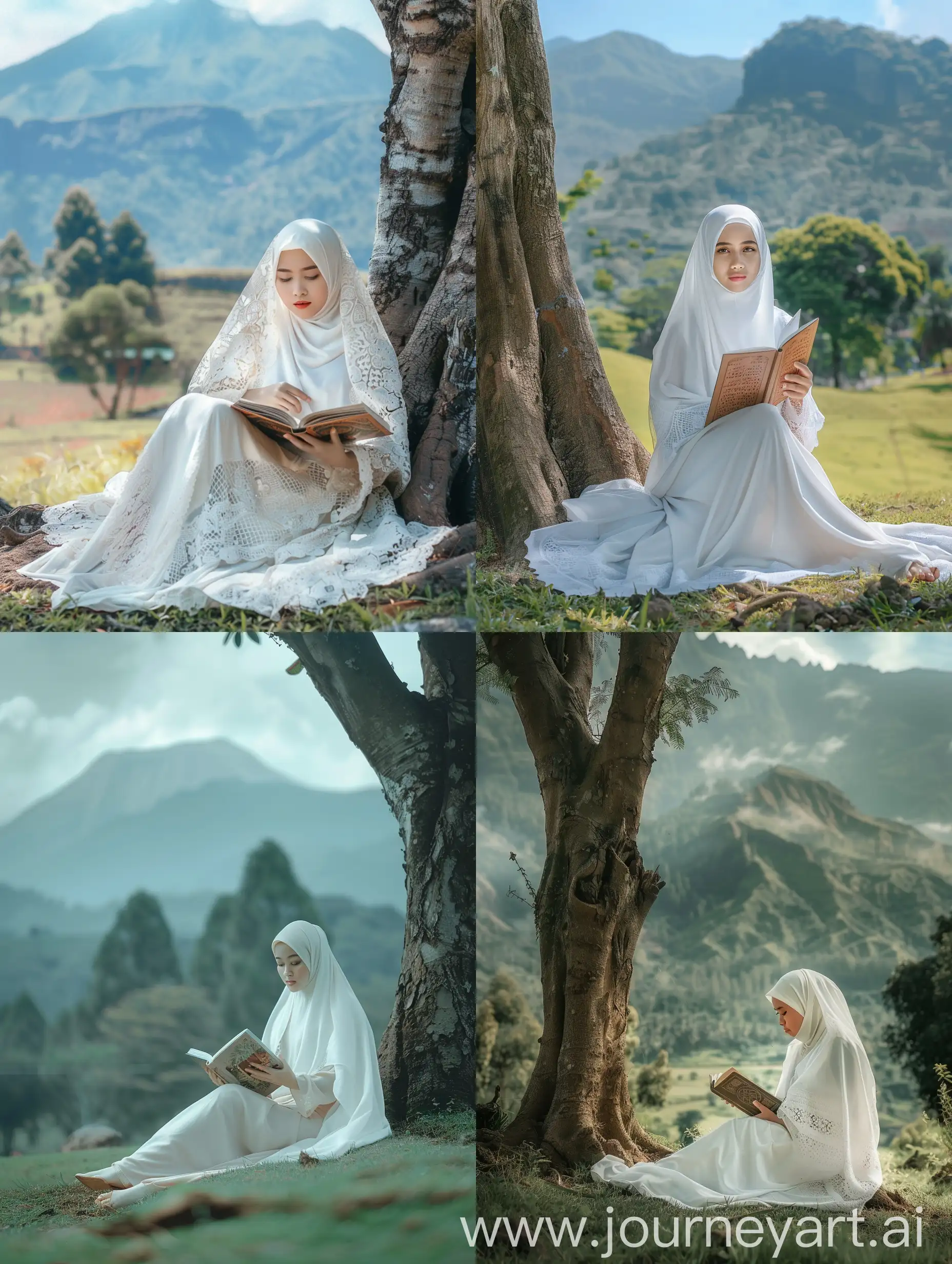 Indonesian-Woman-in-Hijab-Reading-Book-Under-Mountainous-Landscape