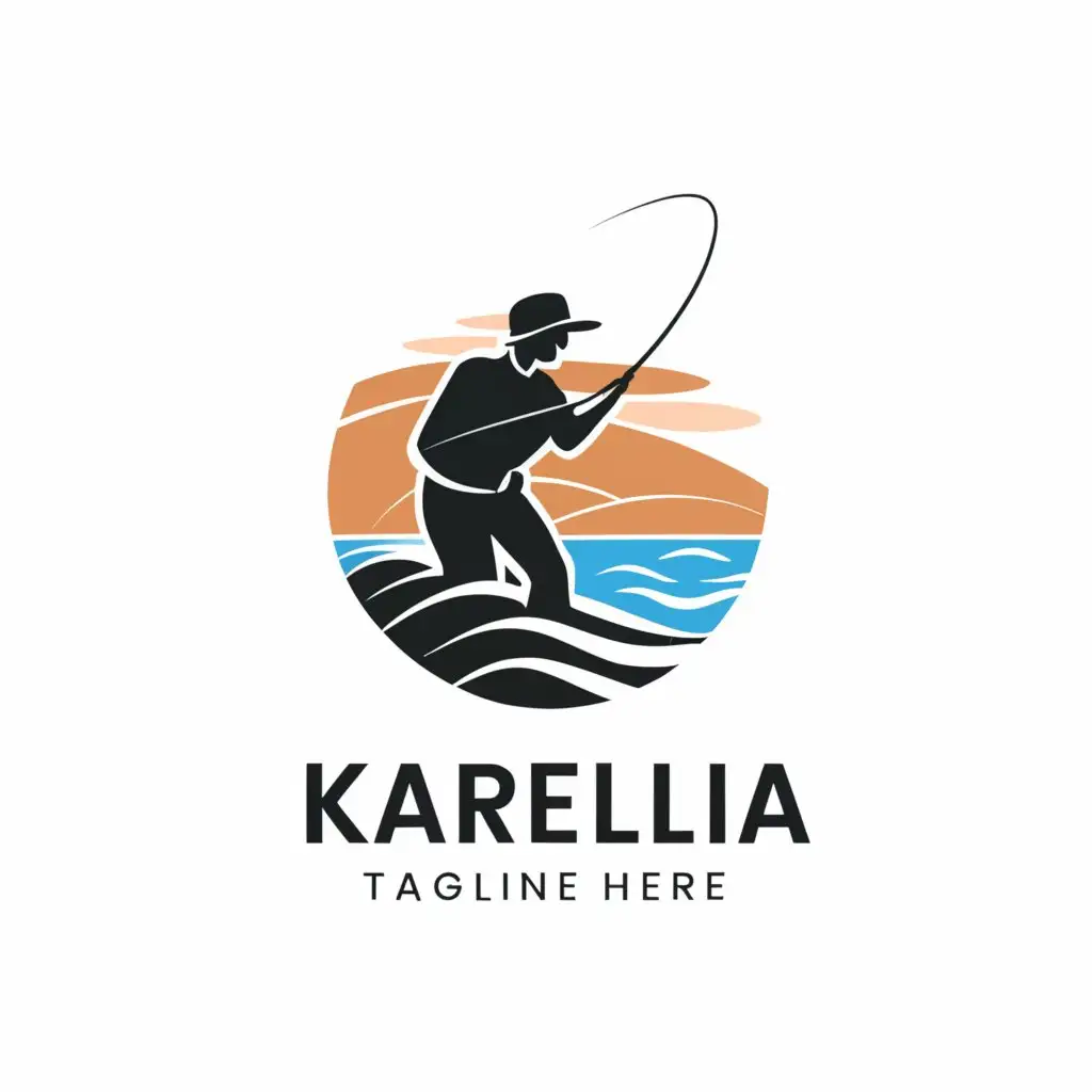 a logo design,with the text "Karelia", main symbol:The main symbol stylized fishermen against the background of the lake,complex,be used in Entertainment industry,clear background