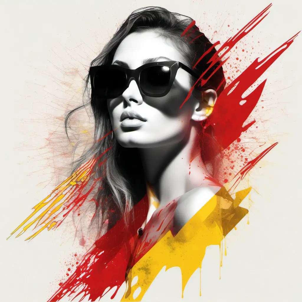generate realistic profesional design featuring a image of a beautifull woman wearing sungalsses splitted in glass pieces . add red and yellow ink splash and lines over the design  and texture. use white  blank background.