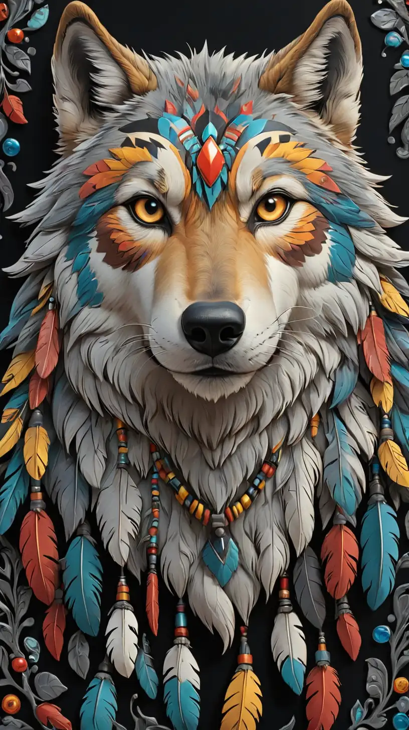 coloring book image, full color, native american styled, wolf pattern, black background