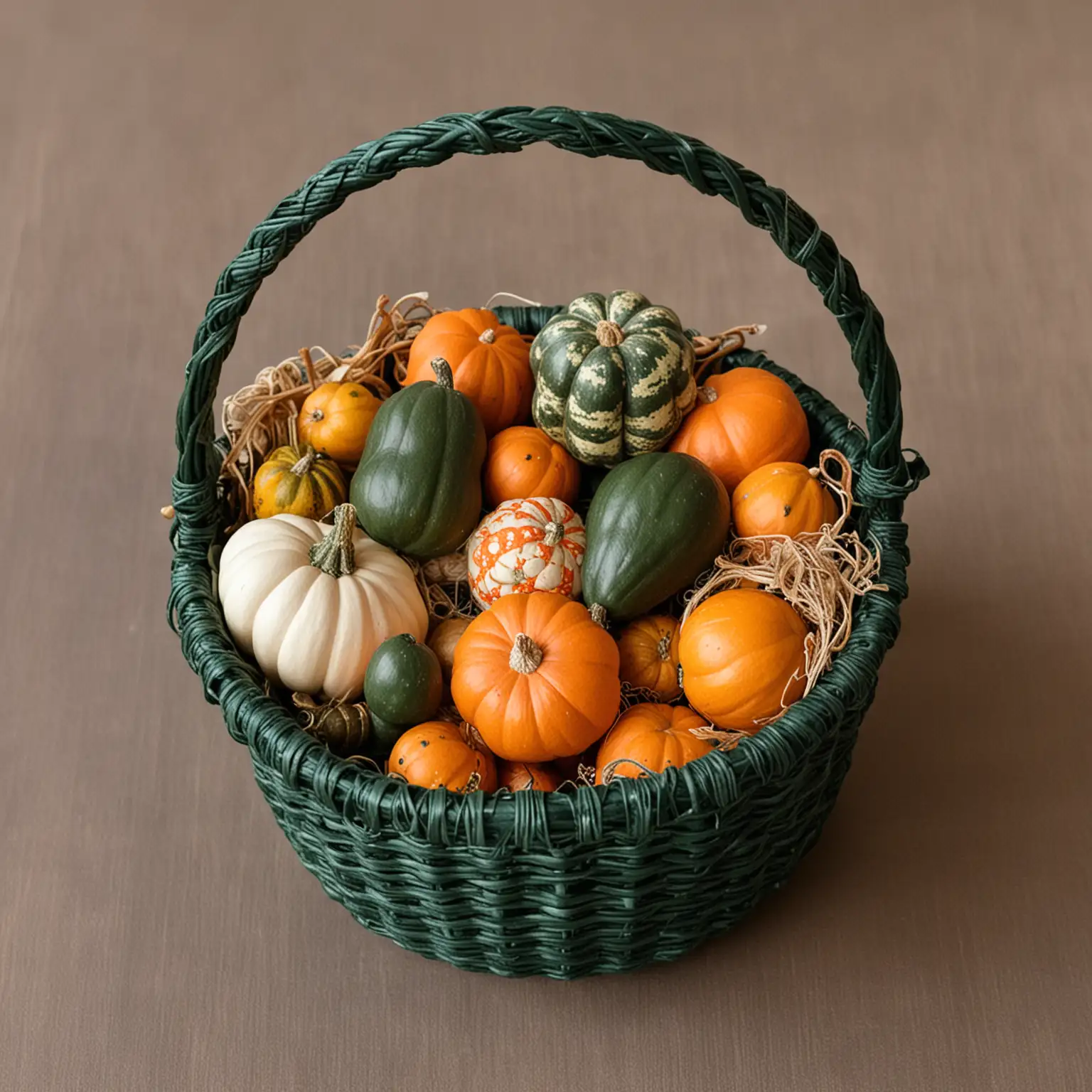 a small, dark green hand woven garden basket filled with mini pumpkins and mini gourds