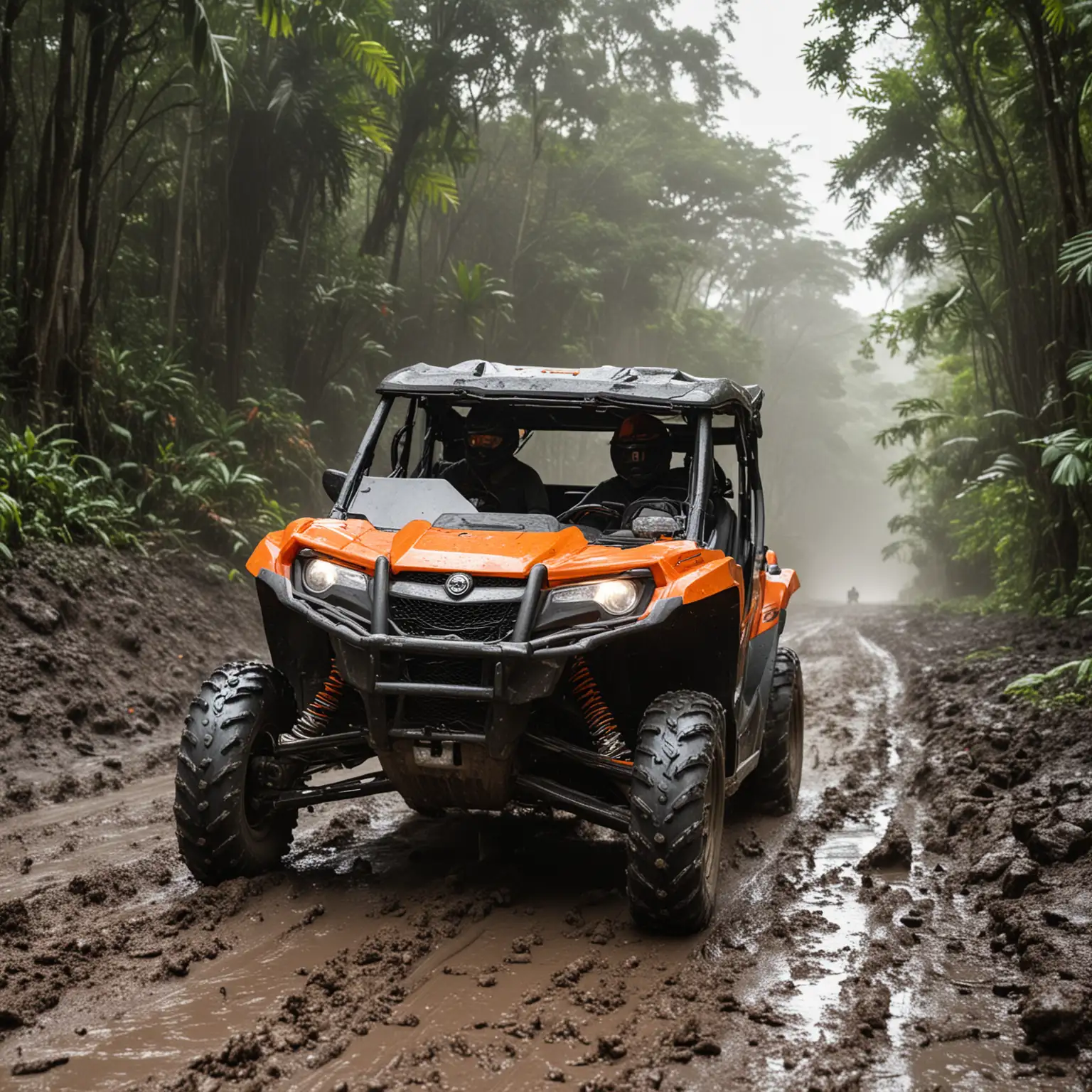 side by side orange, black and white atv vehicle driving on a muddy road in the costa rica jungle.