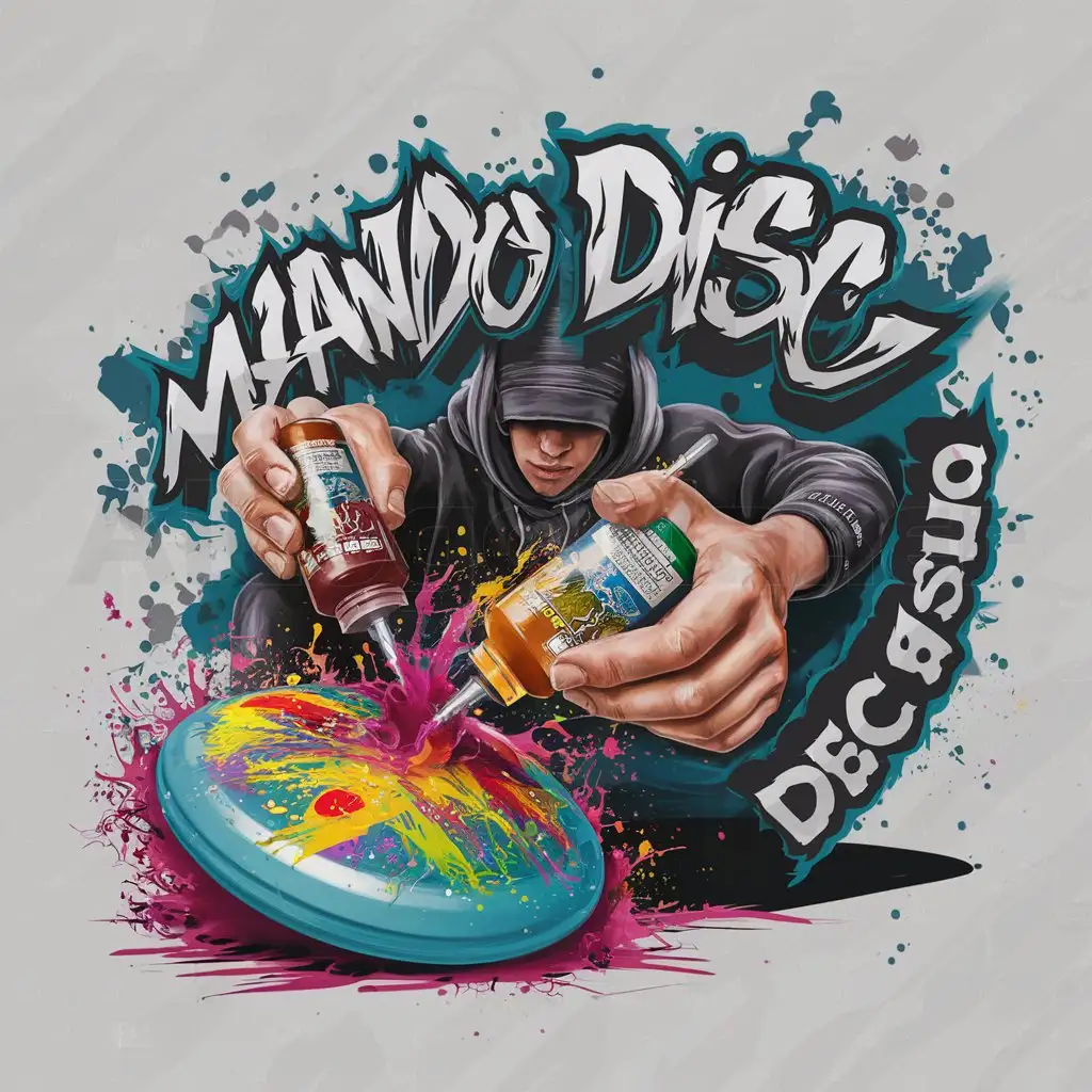 a logo design,with the text 'Mando Disc Designs', main symbol:Bright splashy colors, edgy and cool graffiti style text, an unseen graffiti artist's hands squeezing paint from squeeze bottles onto a Frisbee laying at an angle on a surface. The artist paints the frisbee in a frenzy of paint flying and splashing everywhere,Complex,clear background