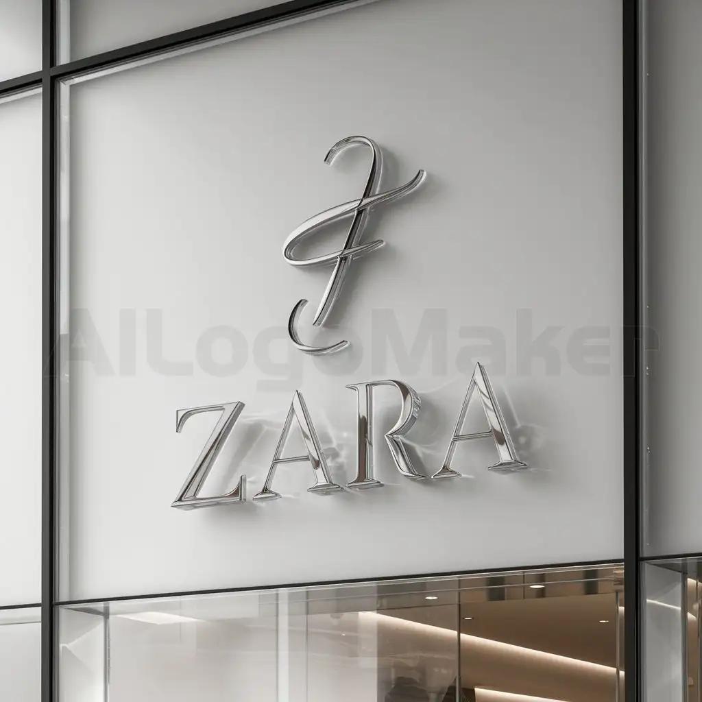 a logo design,with the text "ZARA", main symbol:fashion.id with glass writing on the wall of a shop,Minimalistic,be used in Retail industry,clear background