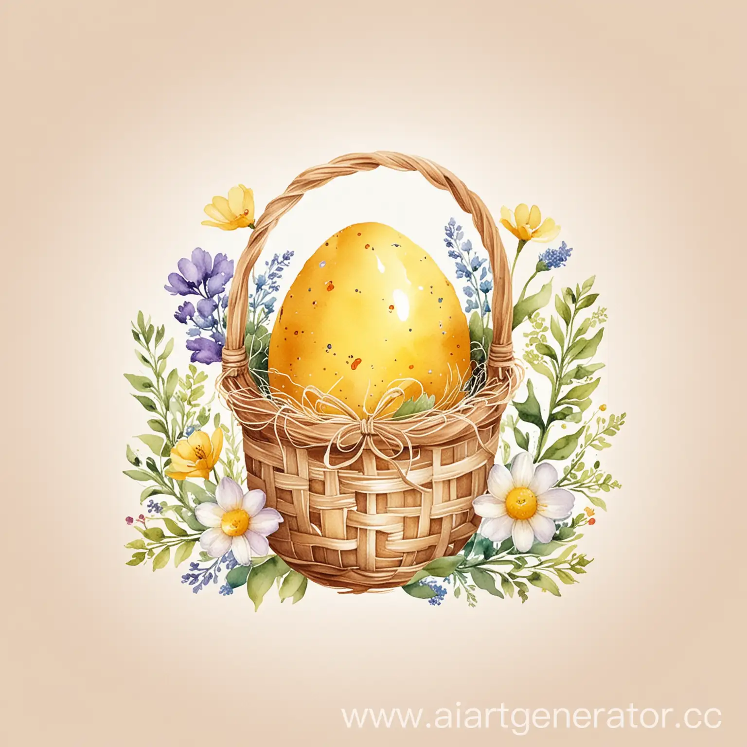 Watercolor-Yellow-Easter-Basket-with-Egg-and-Flowers-on-White-Background