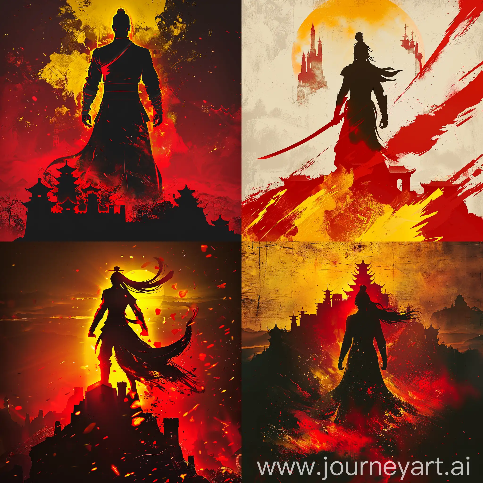 wuxia silhouette, red and yellow highlights. top of castle background. 3d character style