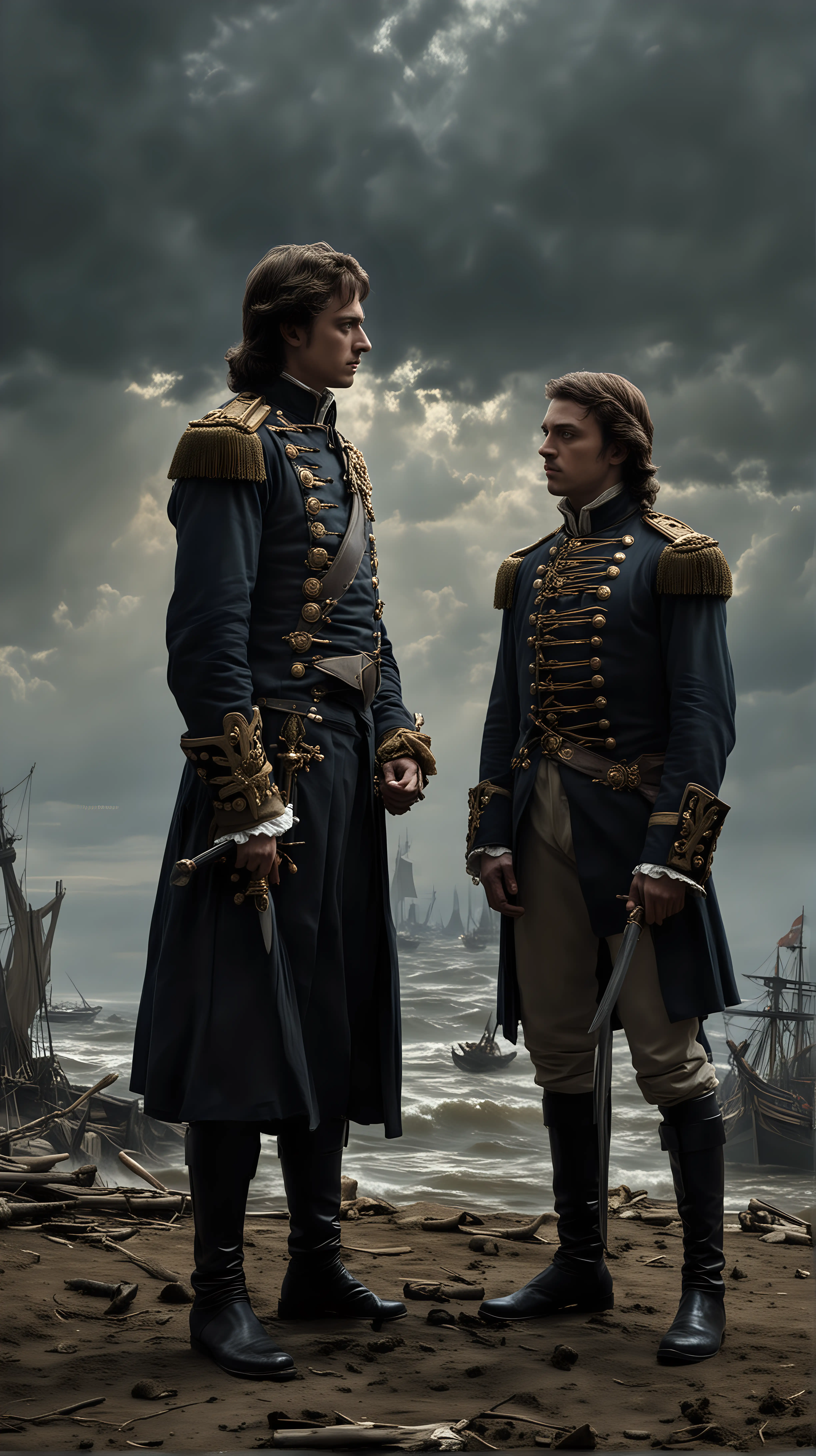 Create an intense scene where Peter the Great and his son Alexei are depicted staring at each other like enemies. Peter stands tall and authoritative, his expression a mixture of disappointment and determination, while Alexei glares back with defiance and resentment, embodying the tension and conflict that exists between them. The setting should reflect the somber atmosphere of their strained relationship, with shadows looming in the background to symbolize the darkness that has enveloped their familial bond. (1718)
