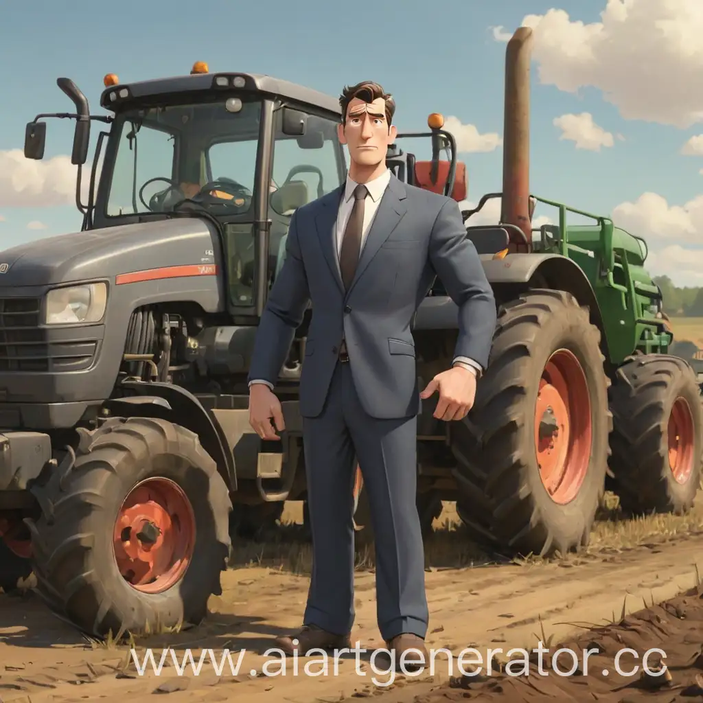 Cartoonish-Man-in-Suit-Standing-in-Front-of-Tractor