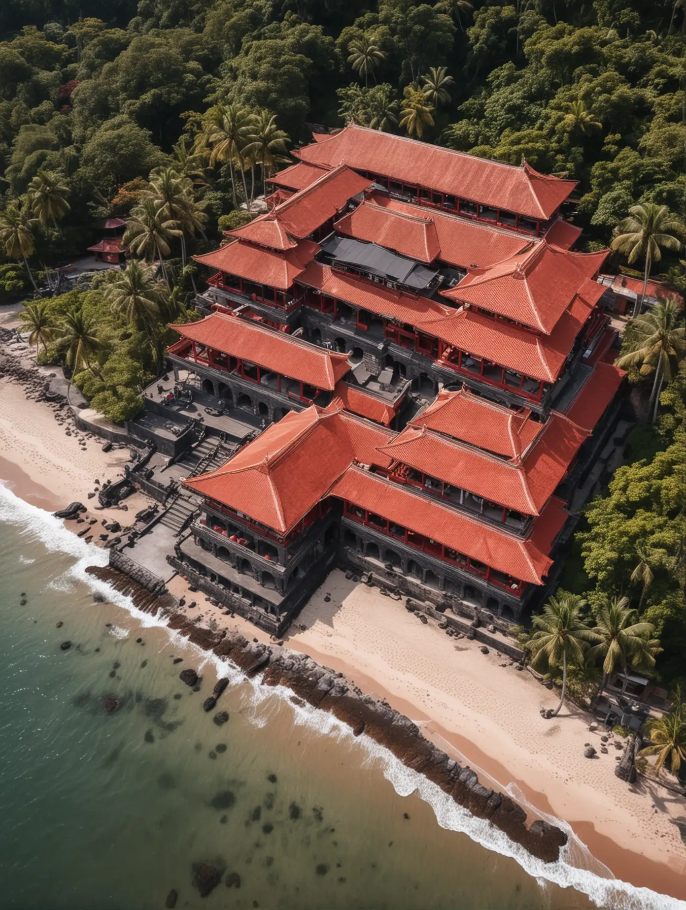 view of a large and spacious palace made of black and red Indonesian stone on the beach, surrounded by red stone walls with red-roofed houses. highlight from above