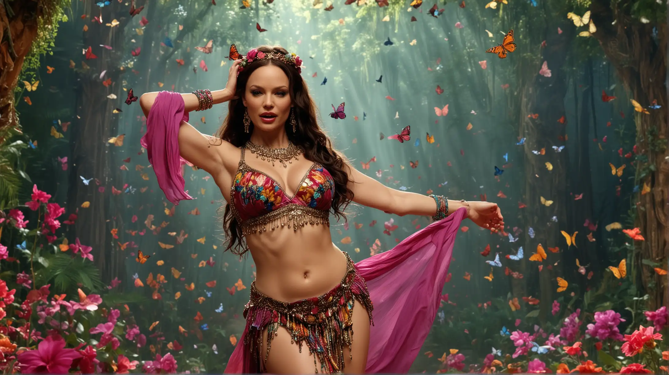 Rebecca Ferguson as Seductive Belly Dancer Performing Exotic Dance, marneta clothers, very big boobs, surrounded by gorgeous colorful flowers, butterflies, fantasy forest