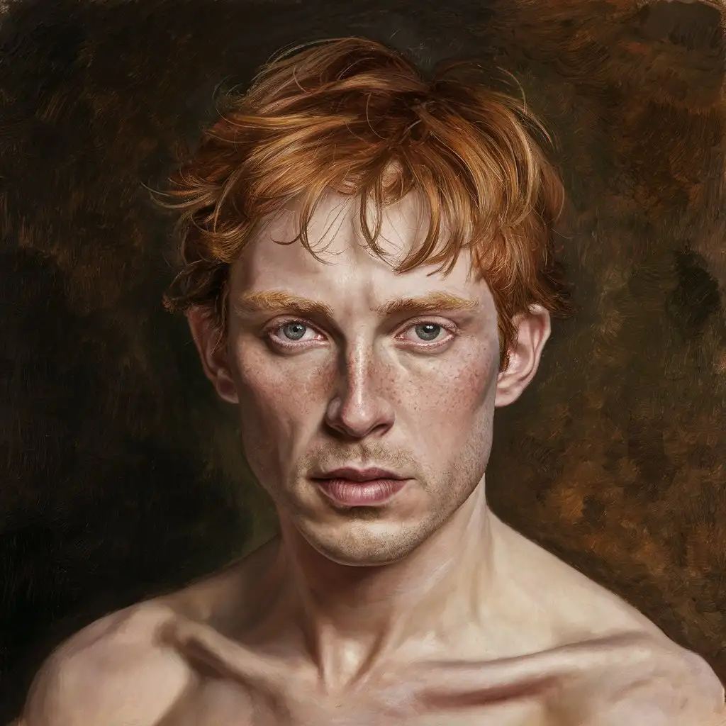 Intense Portrait of a 24YearOld Italian Man with Ginger Hair and Grey Eyes in Realistic Oil Painting Style