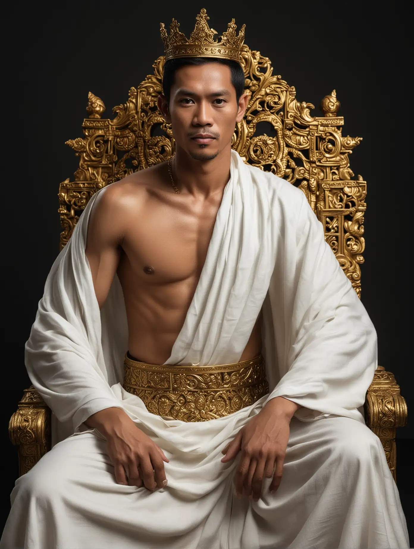 Handsome-Shirtless-Indonesian-Male-King-Sitting-on-Gold-Throne