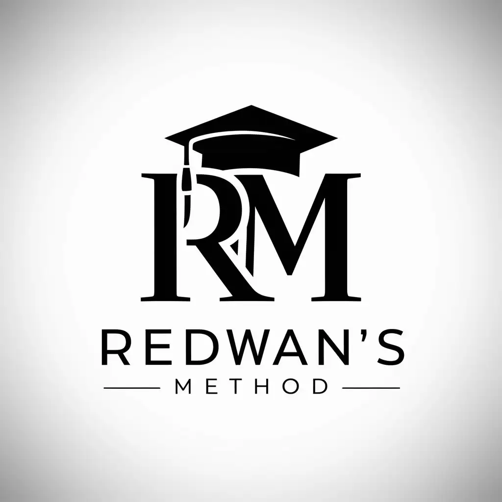 a logo design,with the text "Redwan's Method", main symbol:COMBINATION OF RM and a graduation cap on tha top of E,Moderate,be used in Education industry,clear background