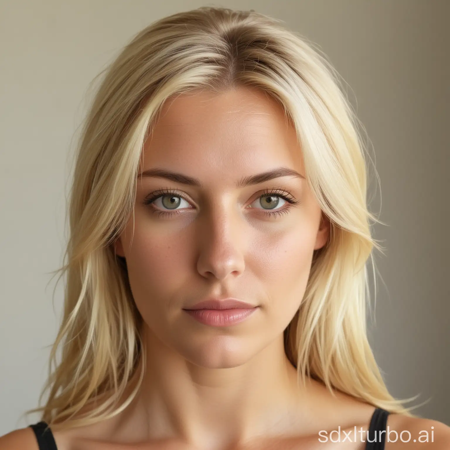 a portrait of a blond woman starinng to camera