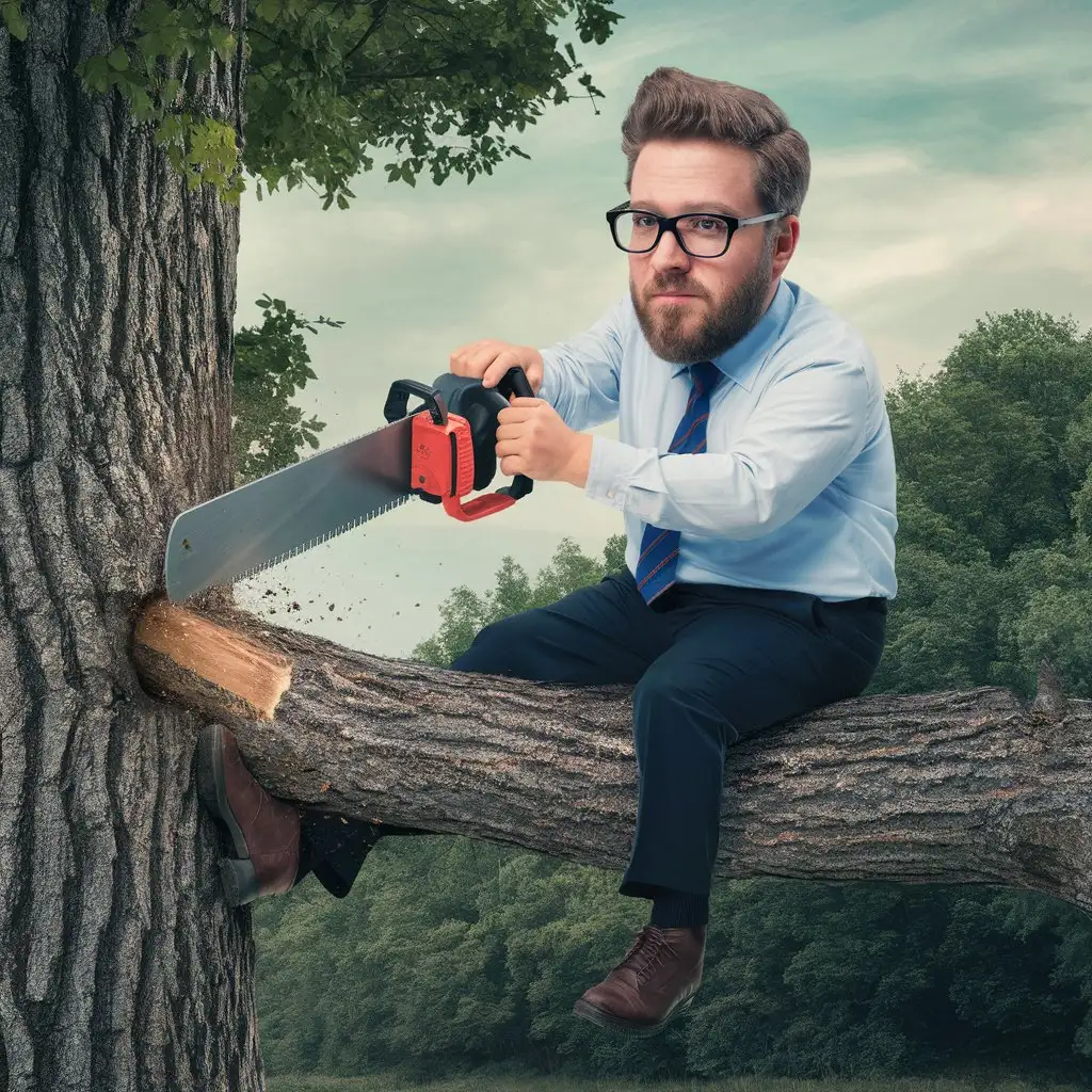 A stereotypical IT professional sitting on a tree branch, cutting the same branch with a saw. Saw should be in the process of cutting the branch on the tree side nad he is sitting next. The setting is outdoors, with the tree surrounded by green foliage. The IT professional has glasses, a bit of a beard, and an expression of determination mixed with cluelessness. The sky is clear and blue.