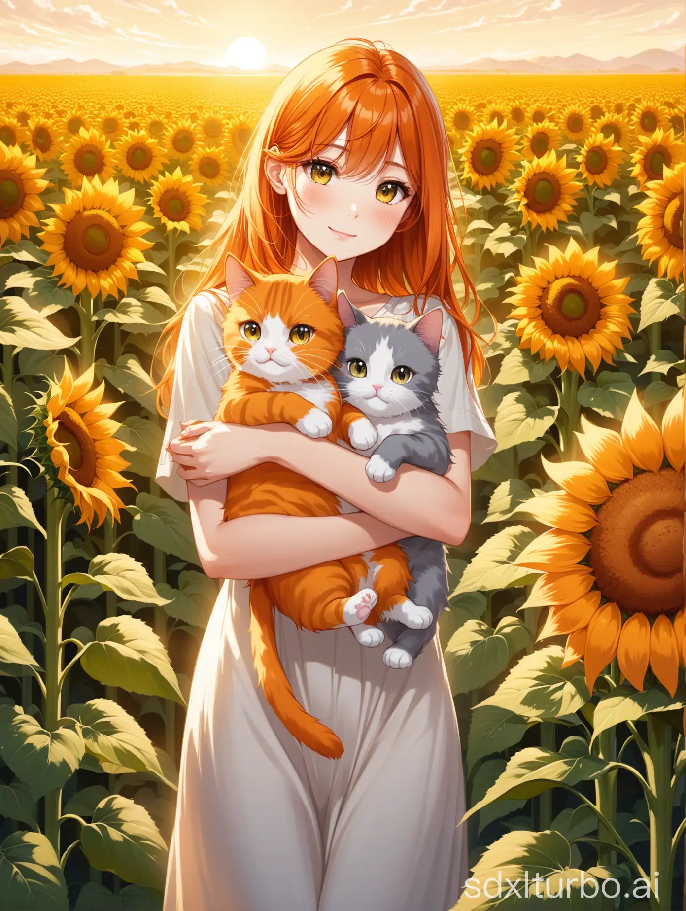 The woman with orange hair, accompanied by a gray calico cat and an orange Garfield cat, plays among the sunflower fields.