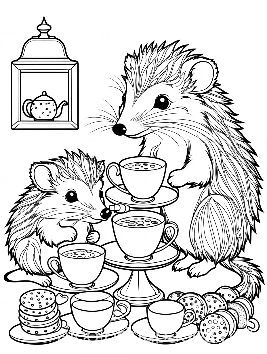 Children's colouring page of an adorable boho hedgehog detective dressed like Sherlock Holmes, large eyes.  The hedgehog is having a tea break with a cute boho mouse assistant, complete with tiny teacups and cookies. Black and white, line art, 2d flat illustration, vector,  lines, white background, simplicity, ample white space. The outline of the subjects are easy to distinguish making it easy for a child to colour in. The images must only be black and white., Coloring Page, black and white, line art, white background, Simplicity, Ample White Space.