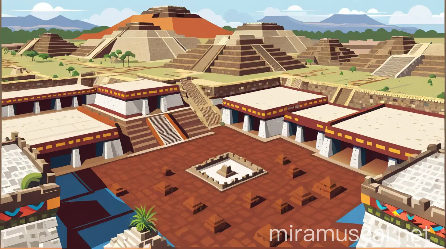 Recreating the Ancient City of Teotihuacn Fusion of Flat Vector Art and Travel Poster Style