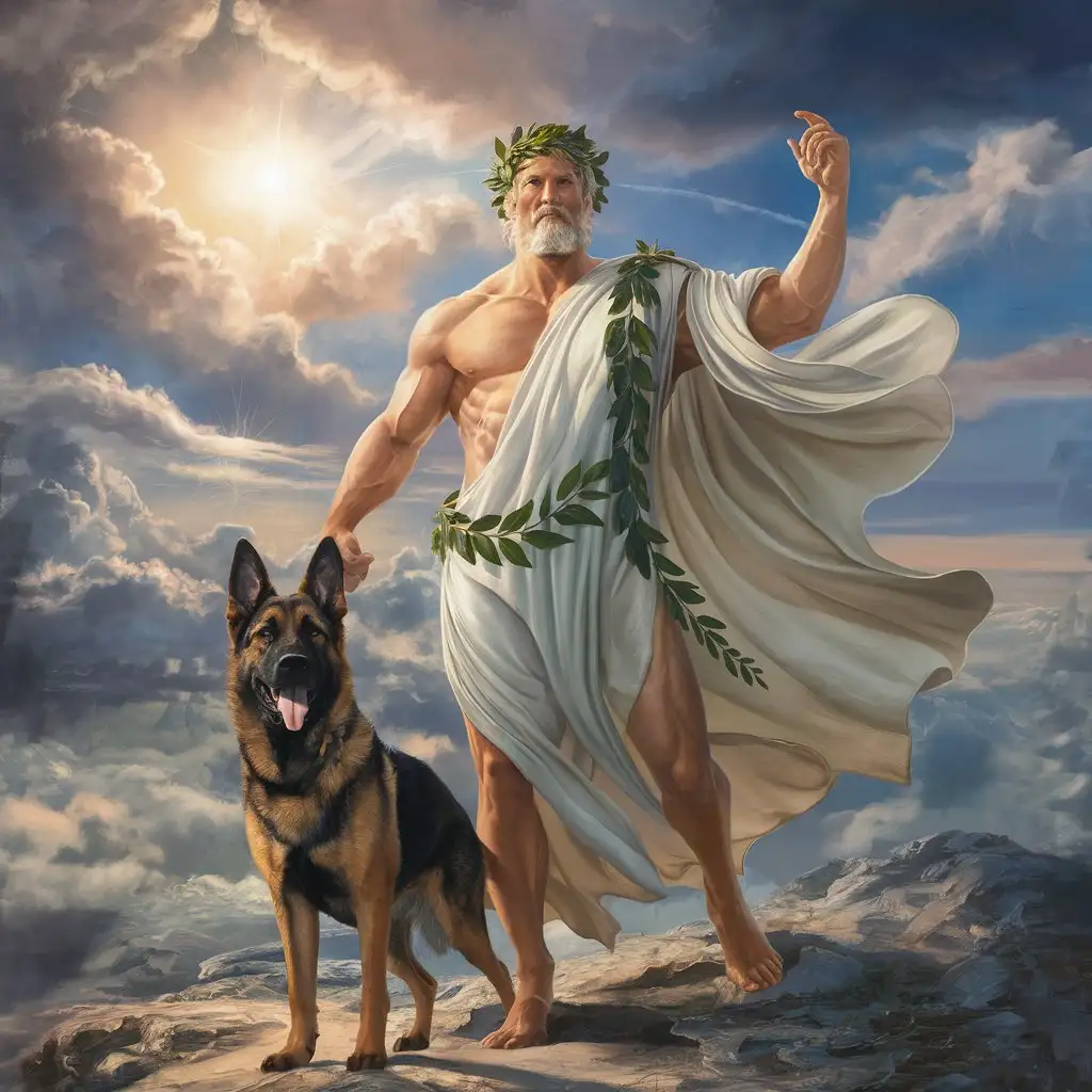 muscular man like a Greek god on Olympus, at his side a German shepherd
