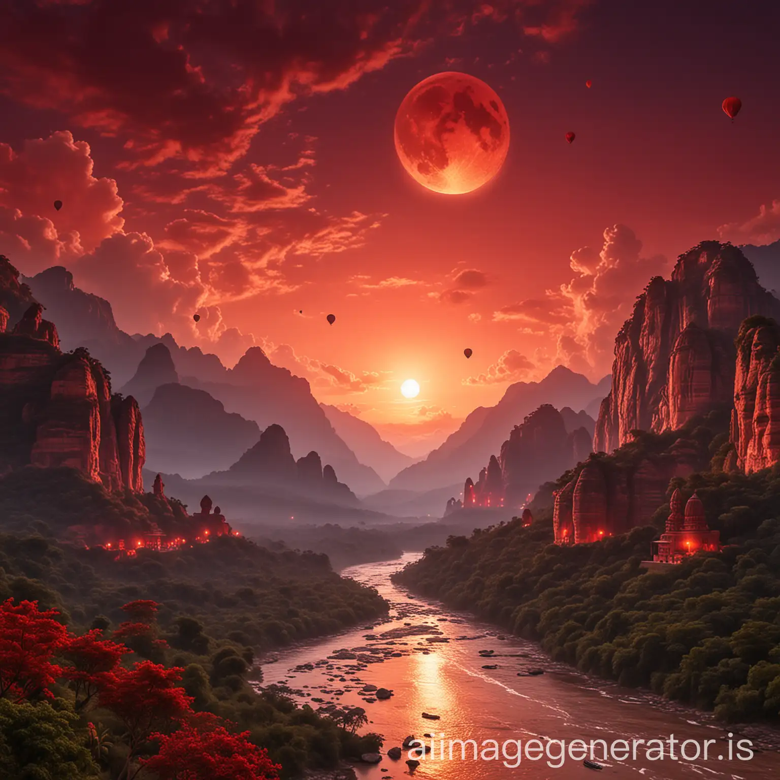 Red cloudy sky with red moon and red mountains with hot balloons on sky, red jungle with big bajrangbali statue with flowing river