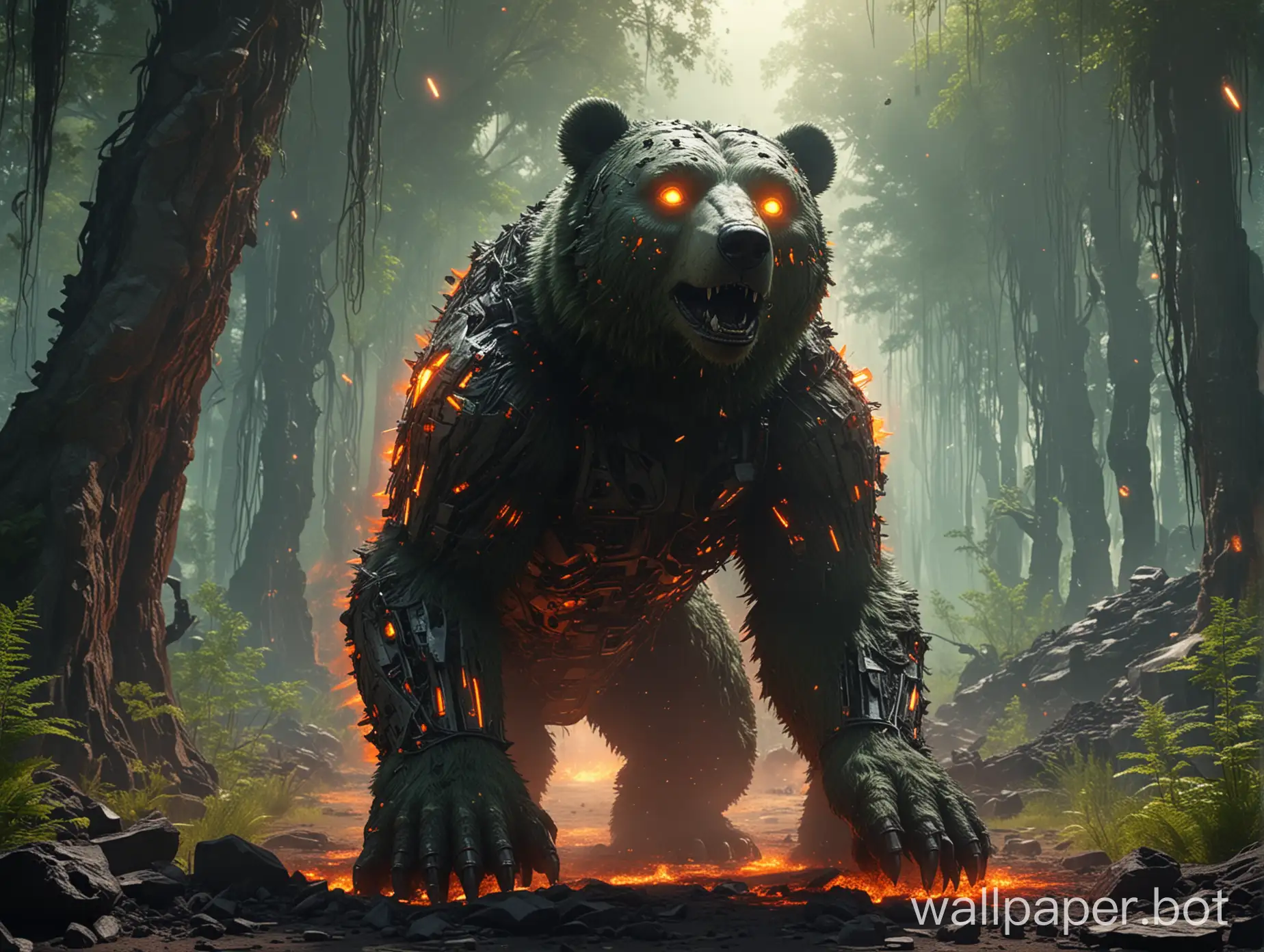 mechanical cyber bear with fiery eyes goes through the edge of the glass forest of a foreign planet, volcanic eruption in the background, green suns and stars in the science fiction genre, photorealism, 4K photo