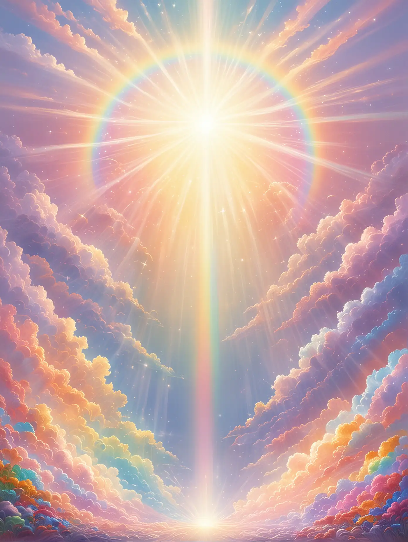 please create a pastel rainbow transcendent sparkly artwork of divine love, light, sunshine, and rainbow rays coming out of the sun.