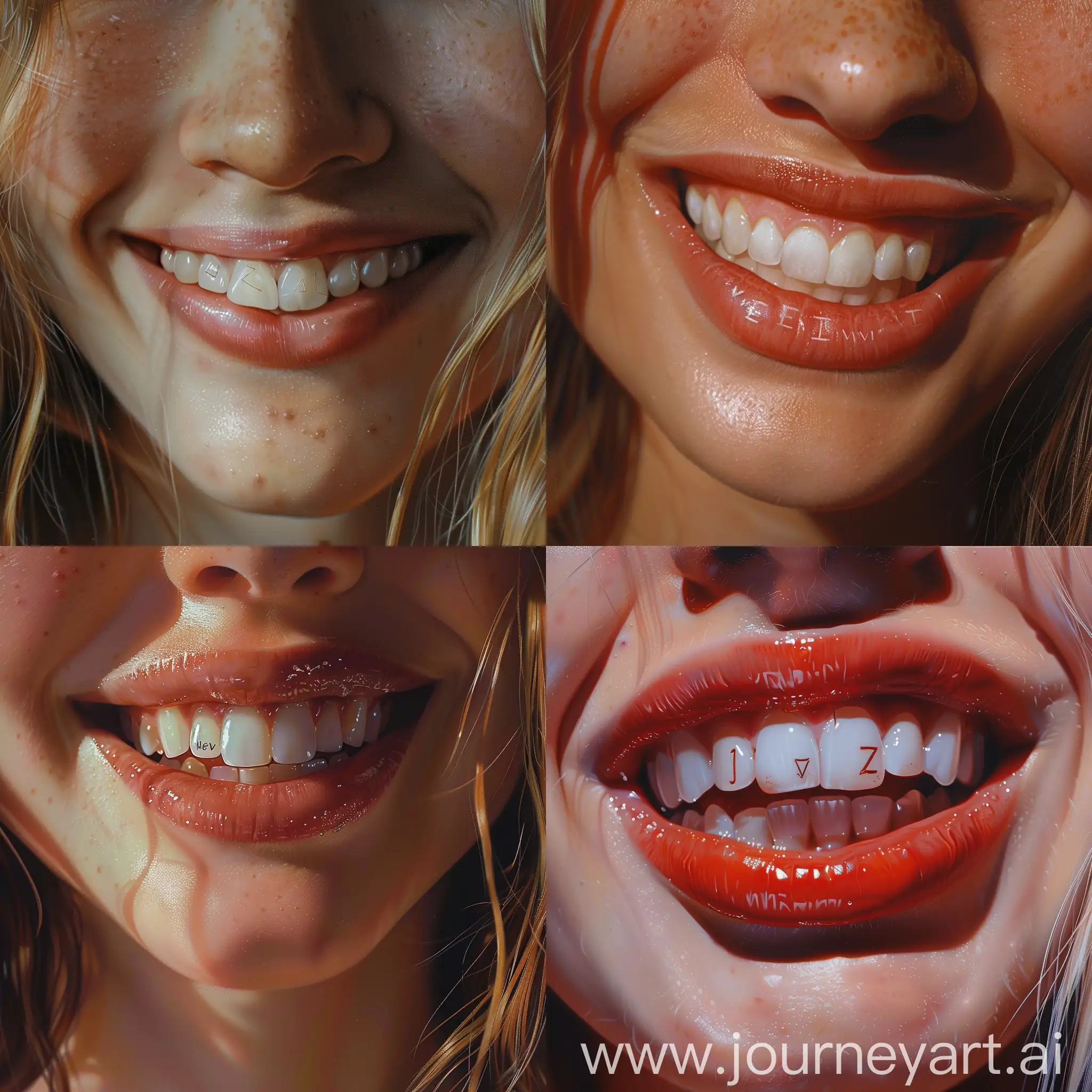 Девушка улыбается, на верхних зубах написано "NevZ", на нижних зубах написано "AI". Фото крупным планом. Фотореализм