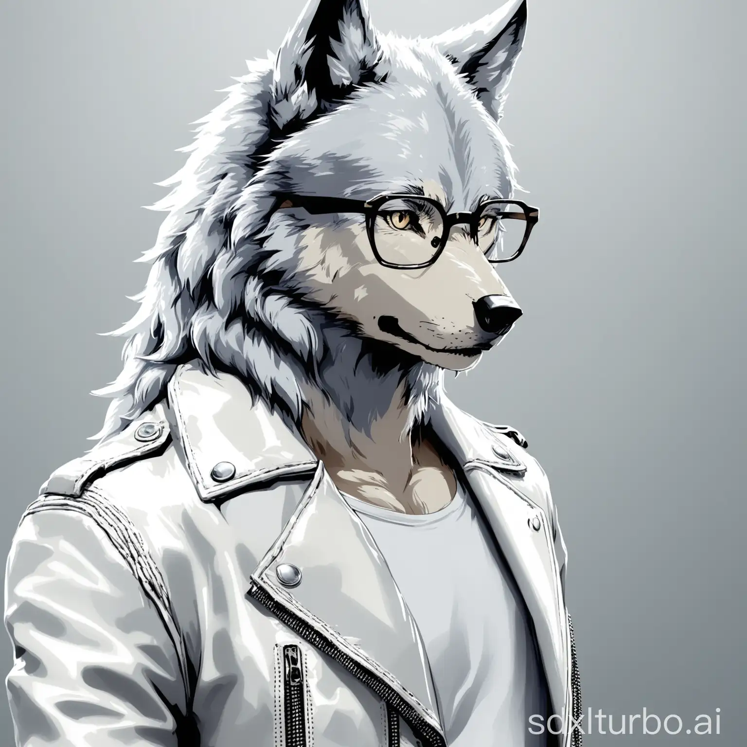 wolf looking away and wearing glasses , while wearing  white leather jacket ,  