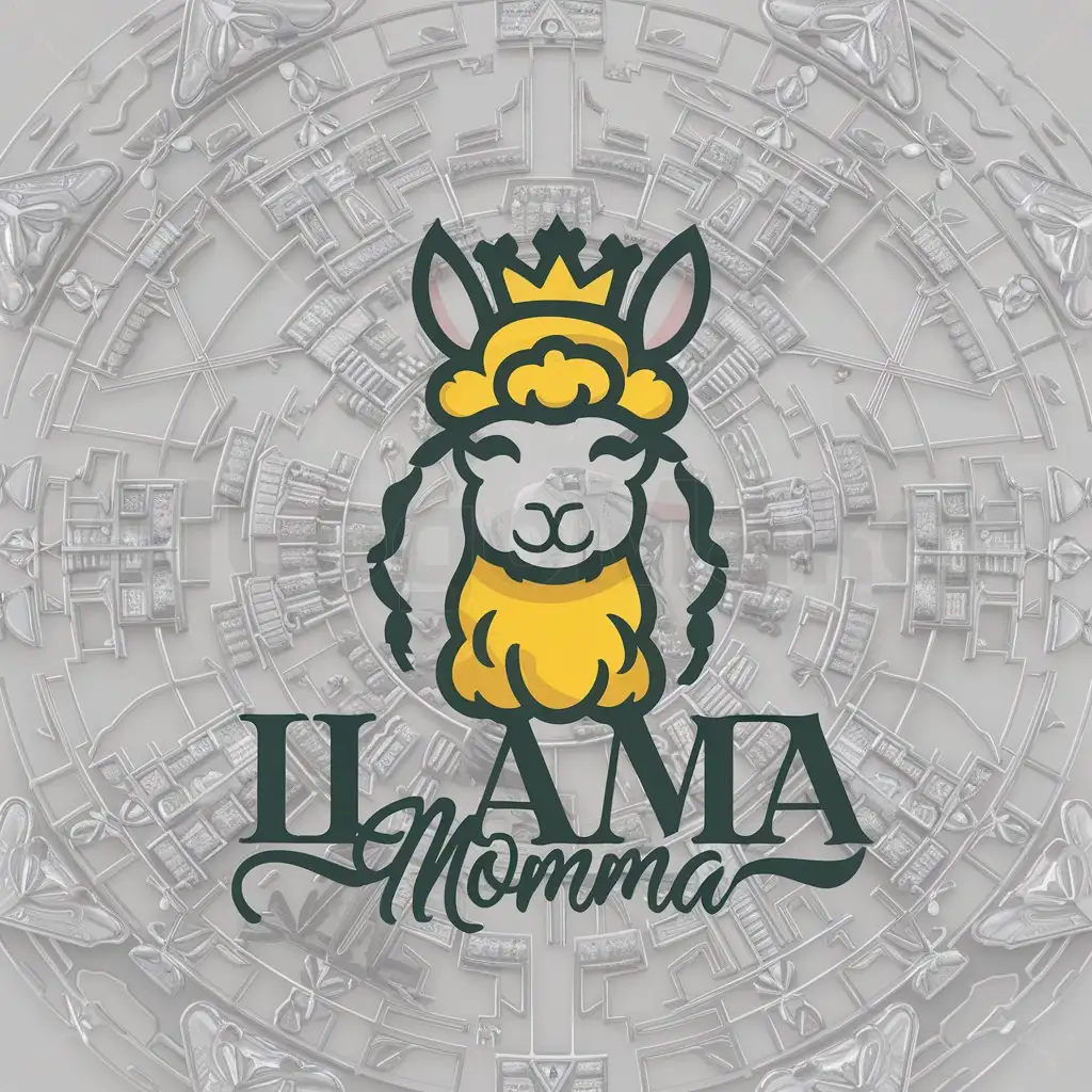 a logo design,with the text "Llama momma", main symbol:A Machu Picchu inspired Llama that loves animals and is a princess,complex,clear background