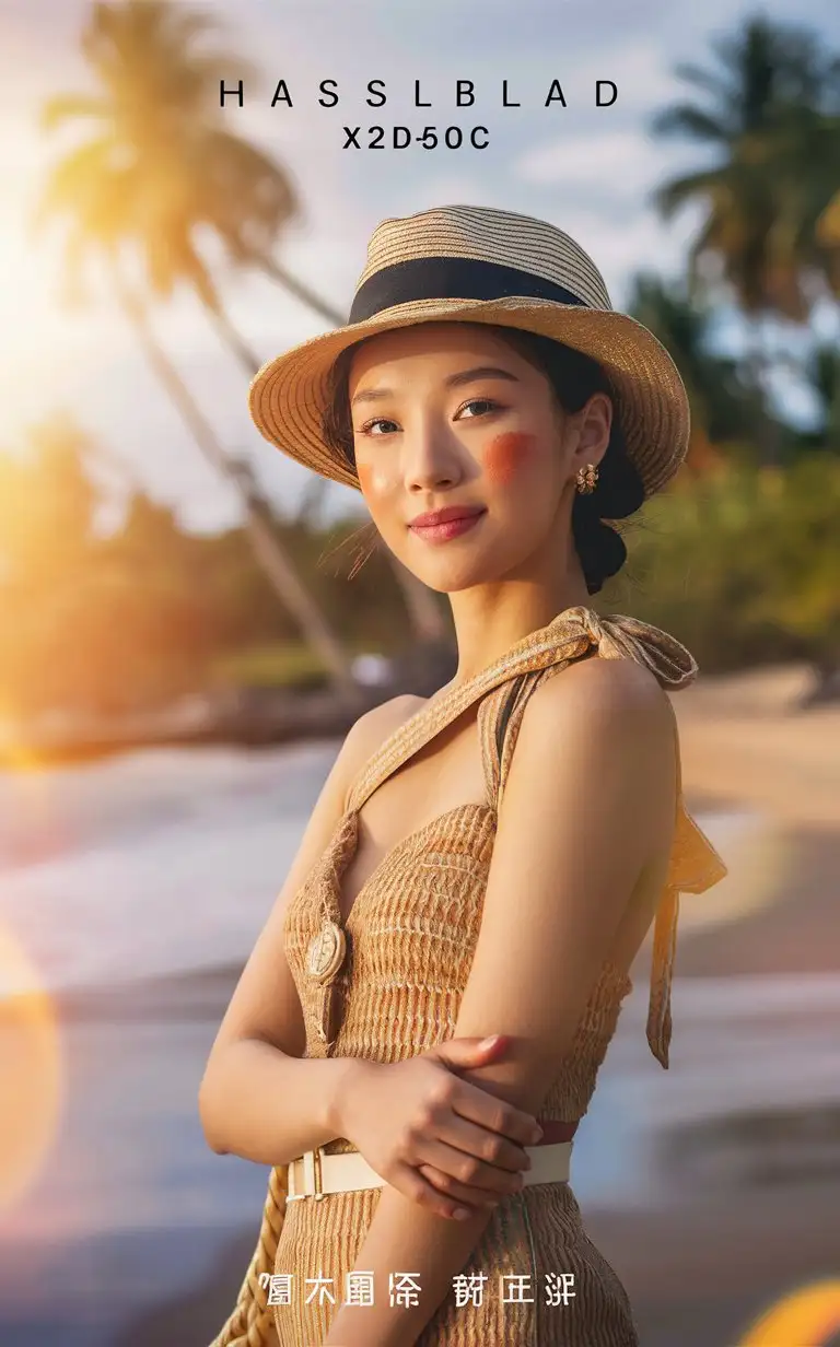 Portrait of Chinese woman in a hat, 20 yo，summer outfit, with light red powder blusher, in a close up shot, with sunlight, outdoors, in soft light, with a beach background, looking at the camera, with high resolution photography, in the style of Hasselblad X2D50c