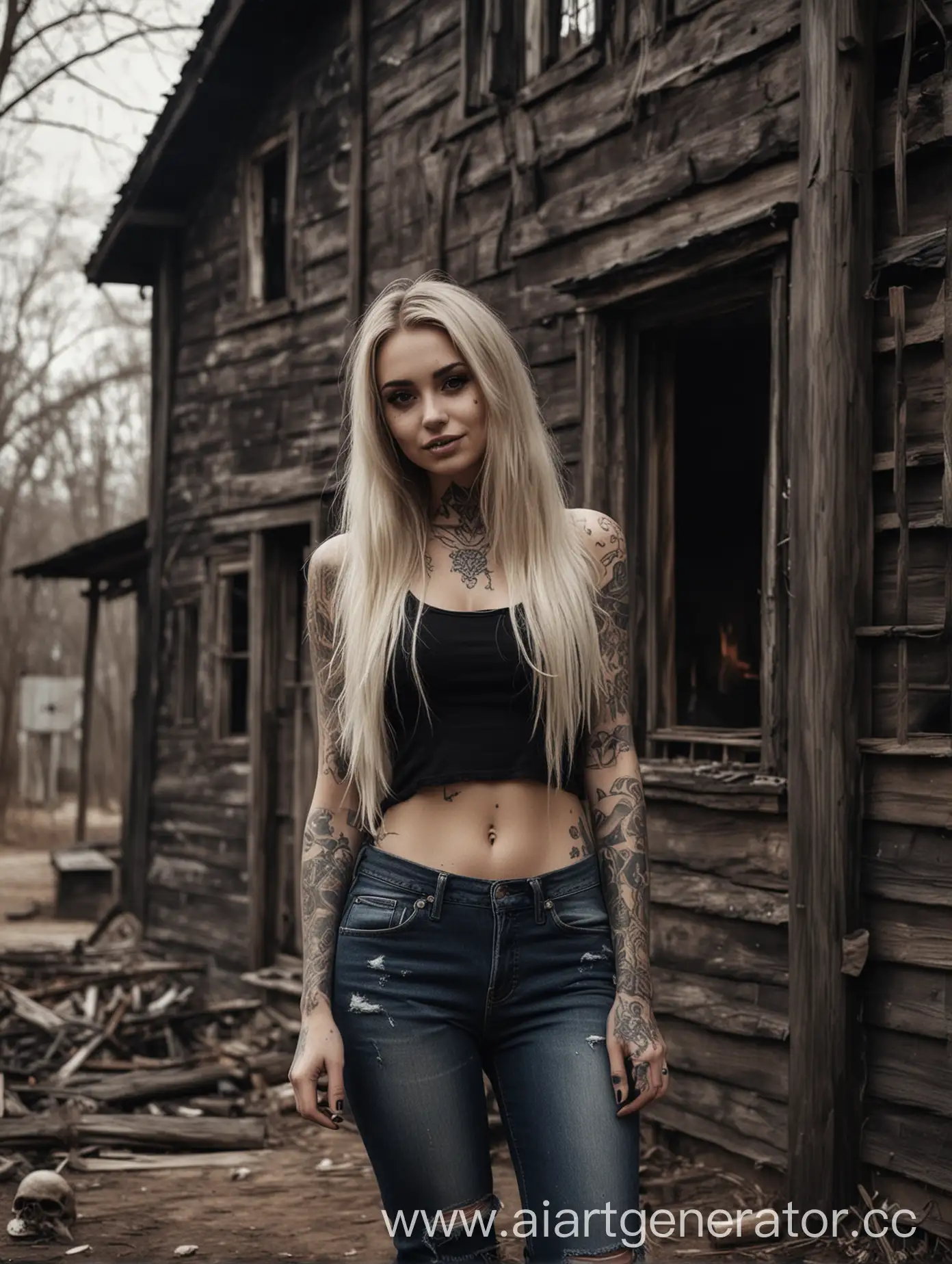 gorgeous goth inked girl burnt wooden old house and walks away with the burning matches in her hands, dirty white top, dirty ripped jeans, pretty face, long blonde hair, soot on her face, nose piercing, scull tattoo, mystery smile , gothic style, fantasy, hyperrealistic, dark aesthetic , the beauty of the female body 