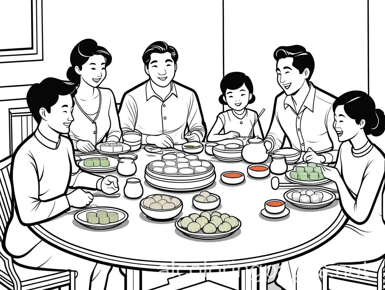 a typical dim sum meal with American family sitting around a round table. They are very happy., Coloring Page, black and white, line art, white background, Simplicity, Ample White Space. The background of the coloring page is plain white to make it easy for young children to color within the lines. The outlines of all the subjects are easy to distinguish, making it simple for kids to color without too much difficulty