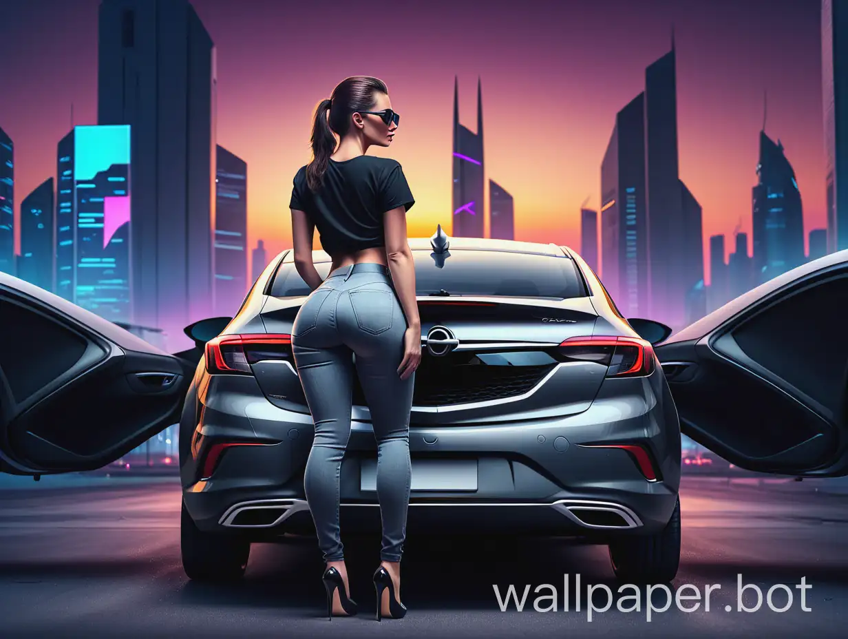 Grey opel insignia grand sport car, a fuller shape brunette woman visible from the back, in black t-shirt with cleavage, jeans and high heels standing next to the car, background is a futuristic city at sunset, synthwave style