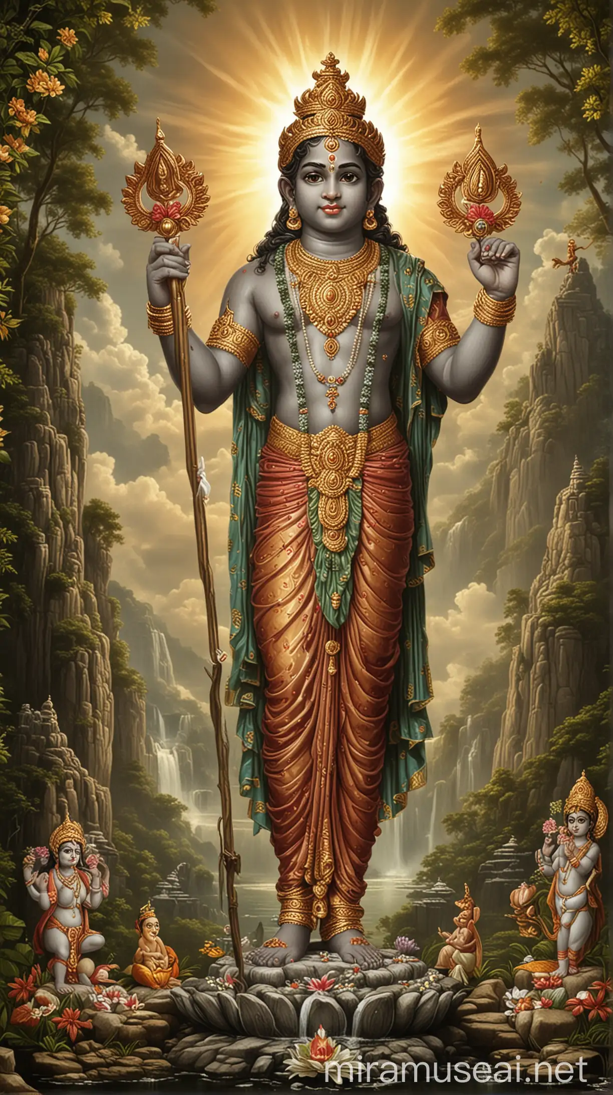 Devotional Artwork of Lord Murugan with Peacock and Vel Weapon