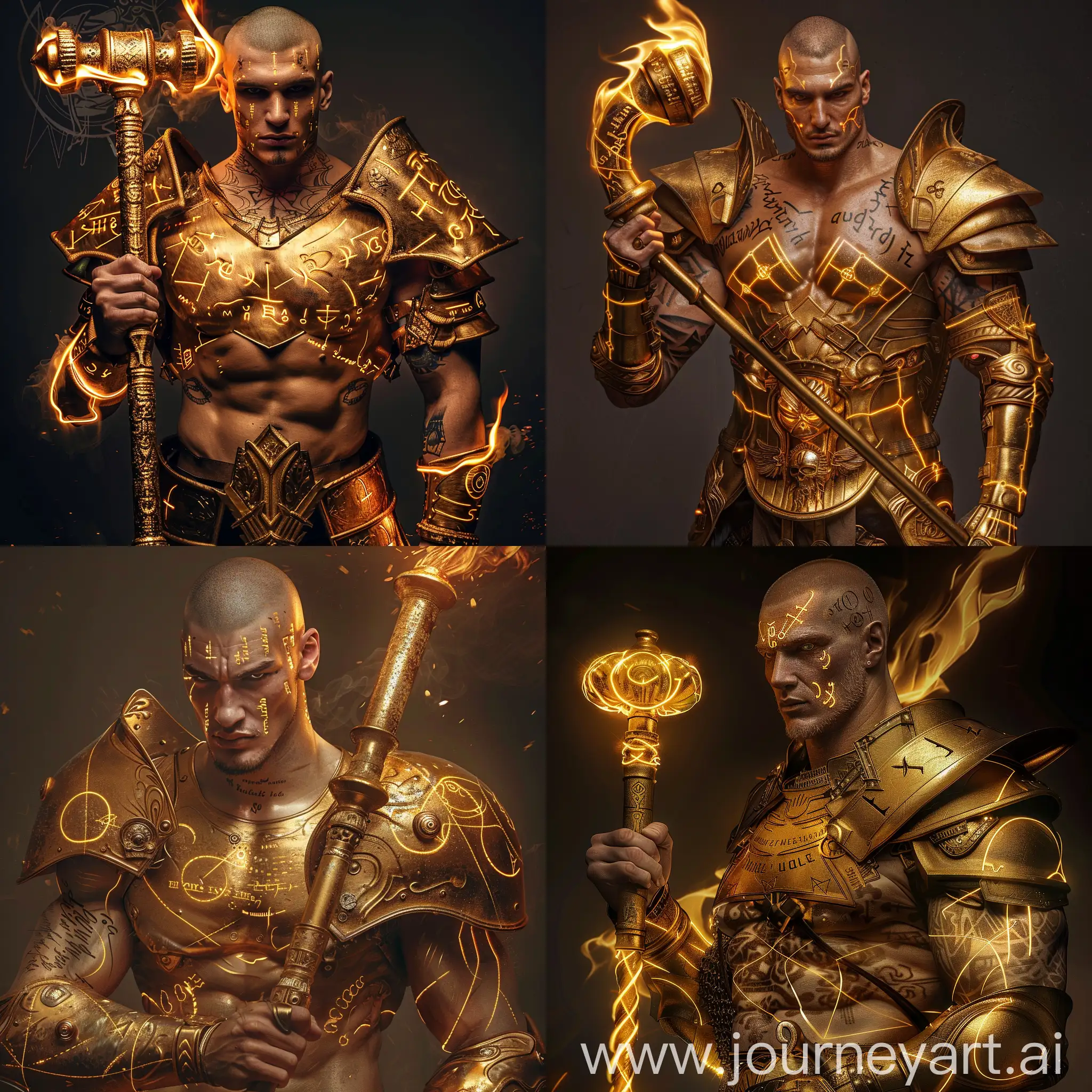 beautiful european man with ideal face features; holding massive two handed golden flanged mace; golden tanned skin; golden text tattoo; golden glowing lines of small latin symbols on his body; scalp and face; muscular; completely bald and shaved; paladin brass armor; dark lines and circles engraved on massive plate armor; armor trim in the form of flame