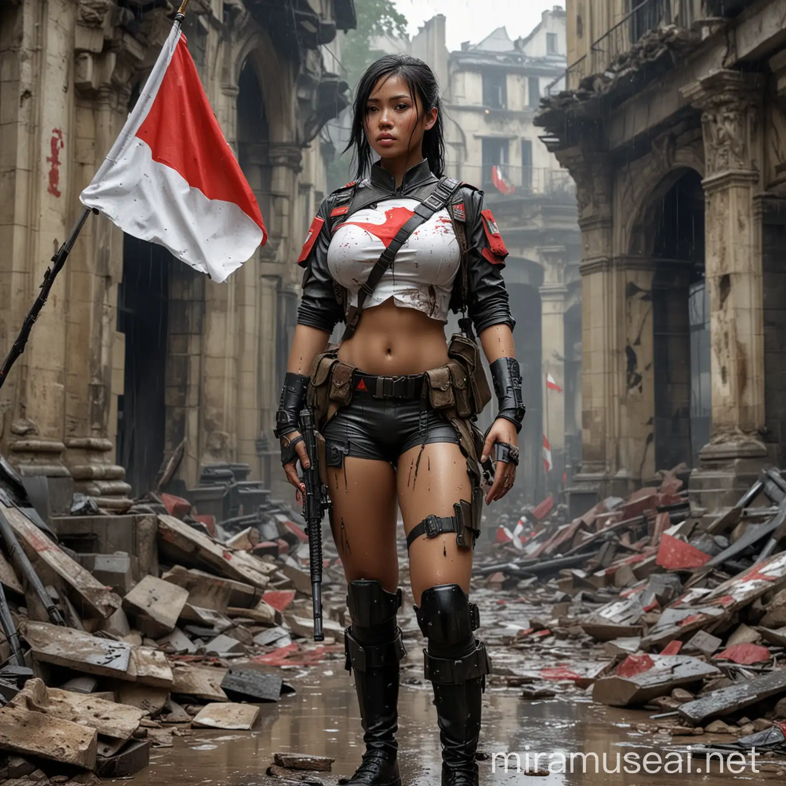 Realistic photo masterpiece, beautiful Indonesian girl, big breasts, wearing combat uniform complete with weapons on her waist and back, carrying the Indonesian flag color red and white, standing among the ruins in the city of Paris, rain, detailed, realistic.