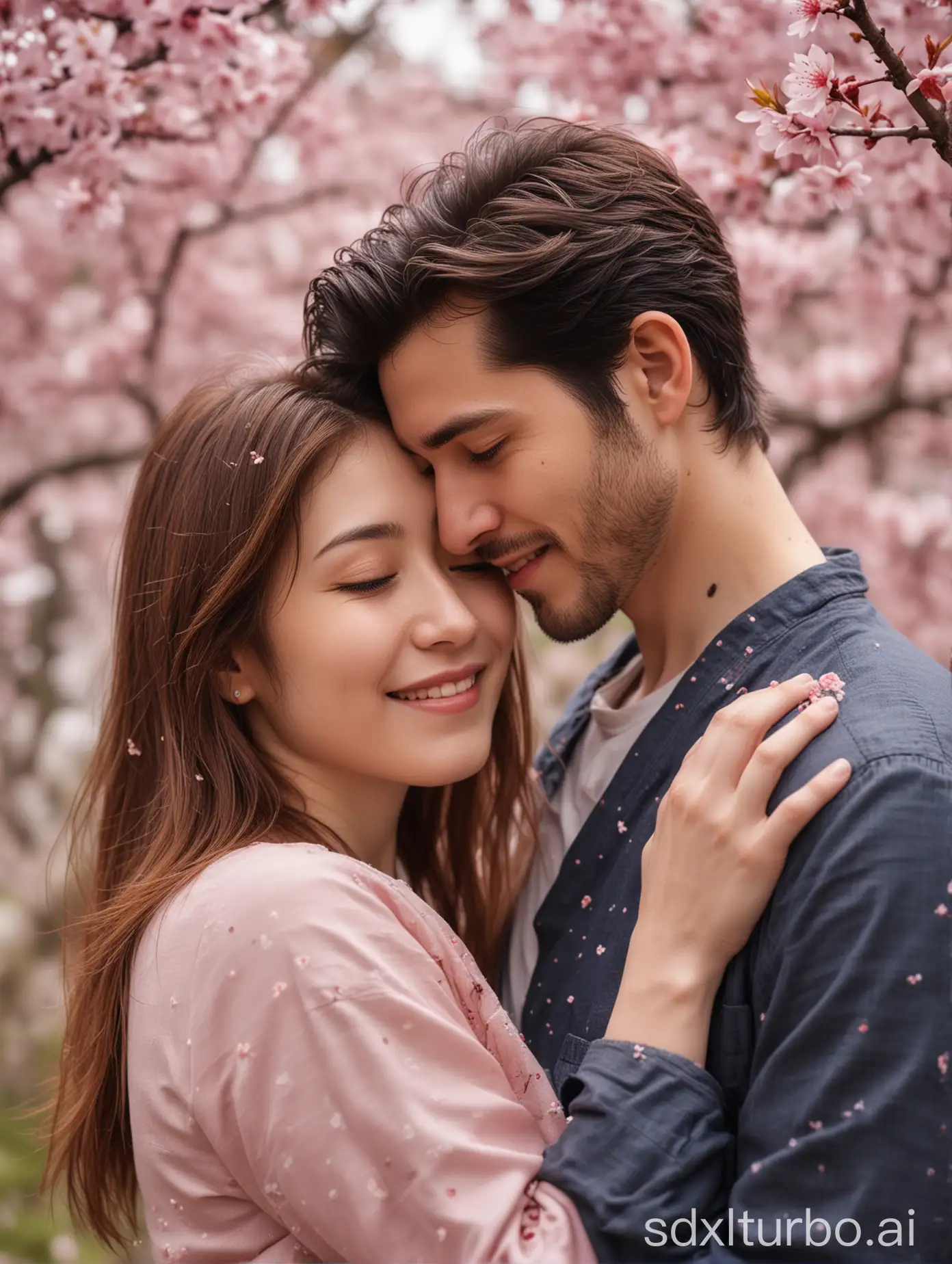 A portrait of a couple embracing, showcasing their love and connection. Sakura bloom as blurred background, Photo, 64K, UHD, seed# 223366332