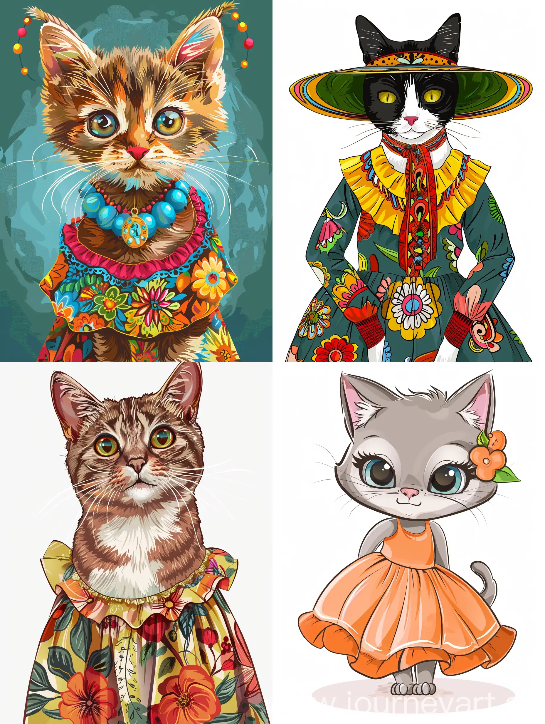 Cartoon-Cat-in-Bright-Dress-Playful-and-Colorful-Artwork