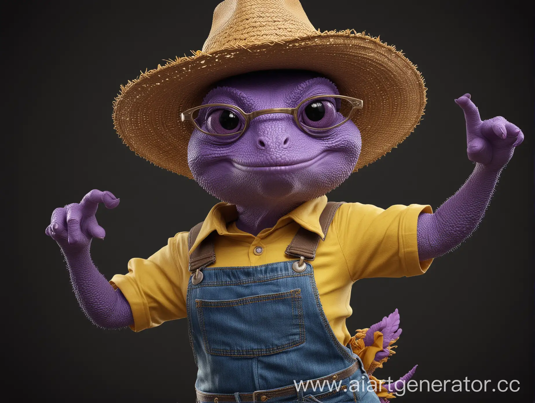 3D illustration of a standing curvy chameleon-girl, hands pointing to both sides, purple skin, wear yellow t-shirt and bluejean, with an old straw hat, wear glasses, highly detailed, disney style, no cut pose, full exposure,black background