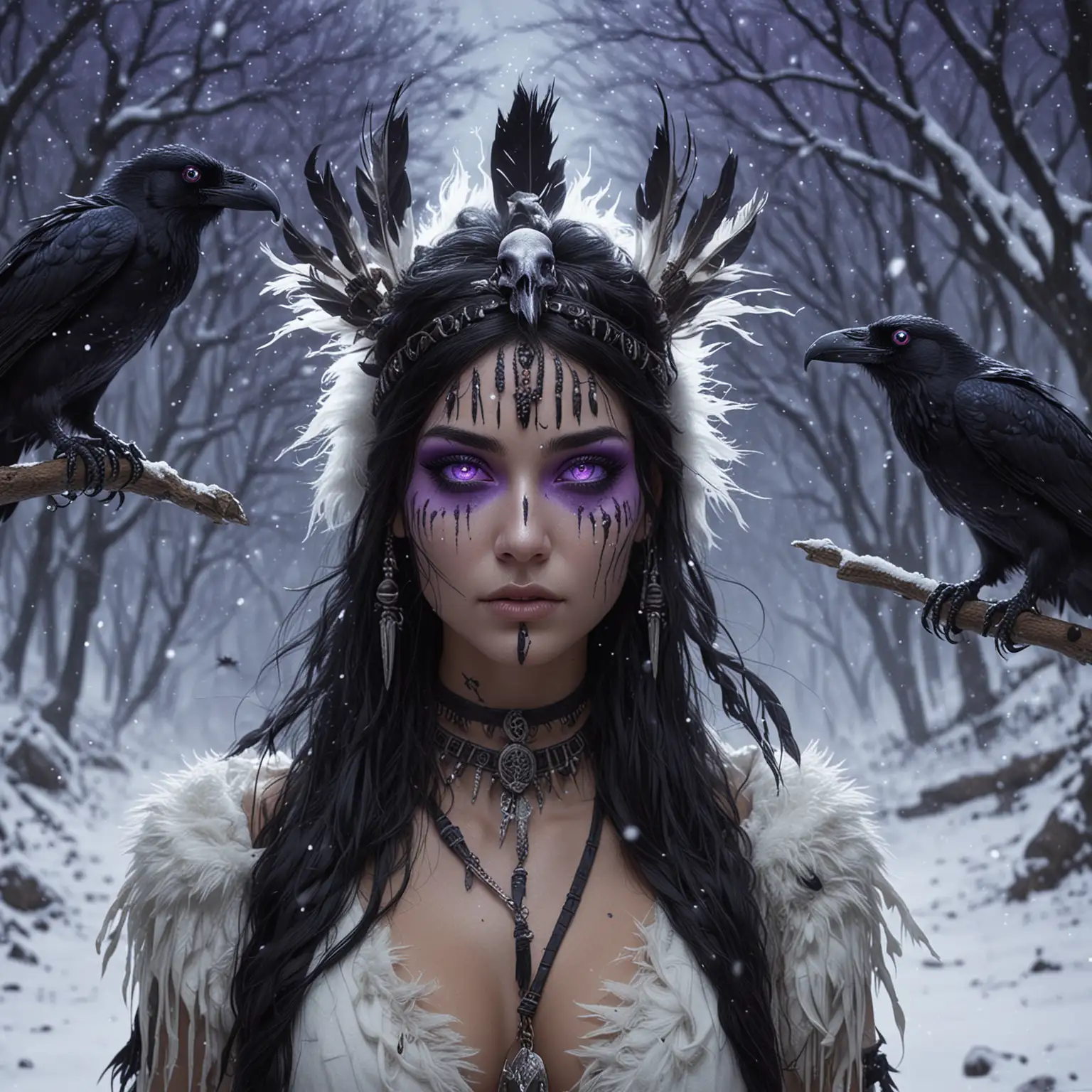 wavey black hair, glowing purple eyes, snow exterior, white skin, night, realistic, shaman, crow skulls