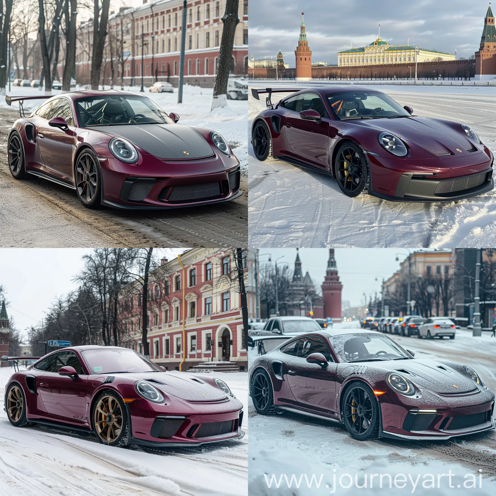 Porsche 911 gt3 rs 2021 in special mat dark red parked in Russia Moscow in city in winter vibes