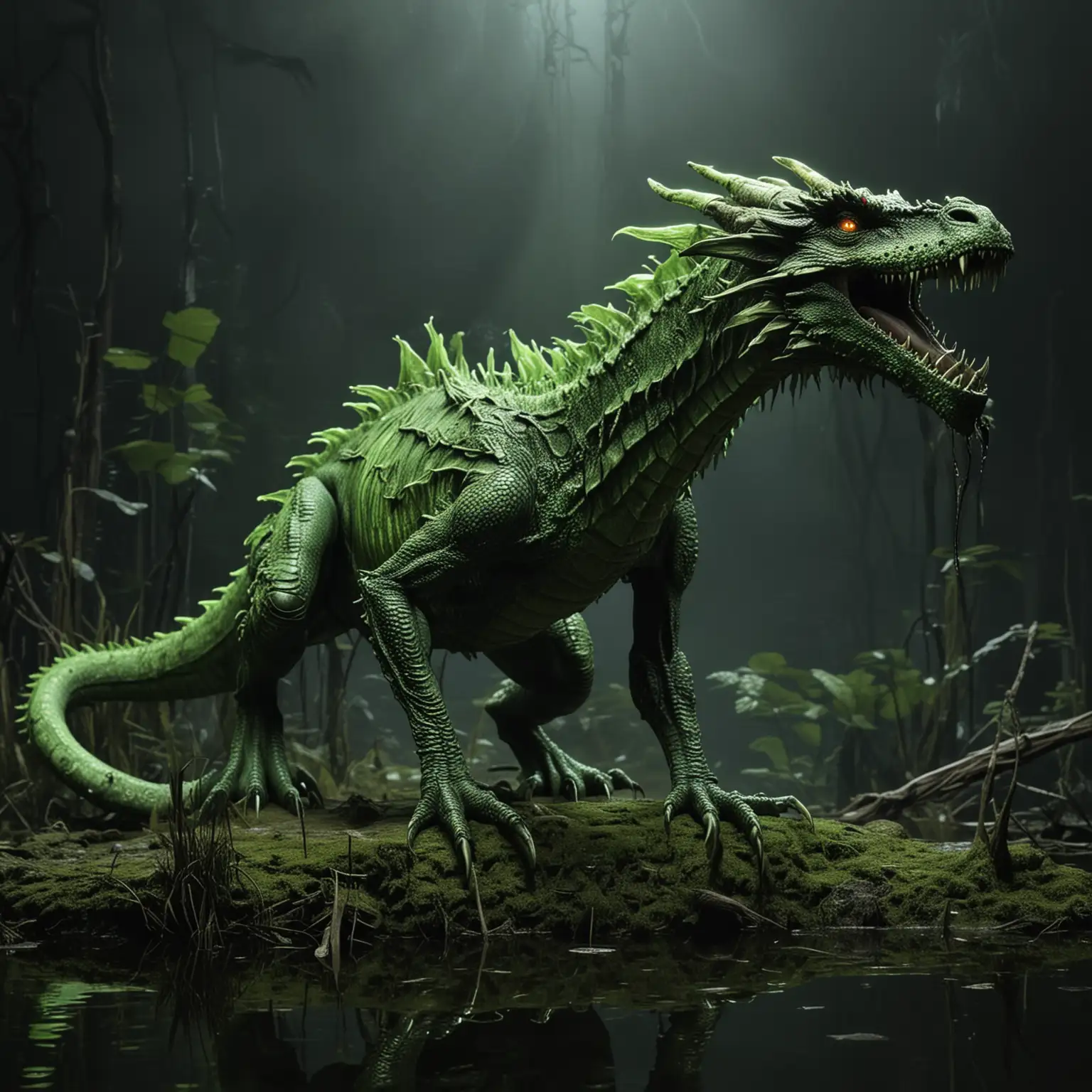 Realistic Swamp Dragon with Long Neck in Glowing Neon Green