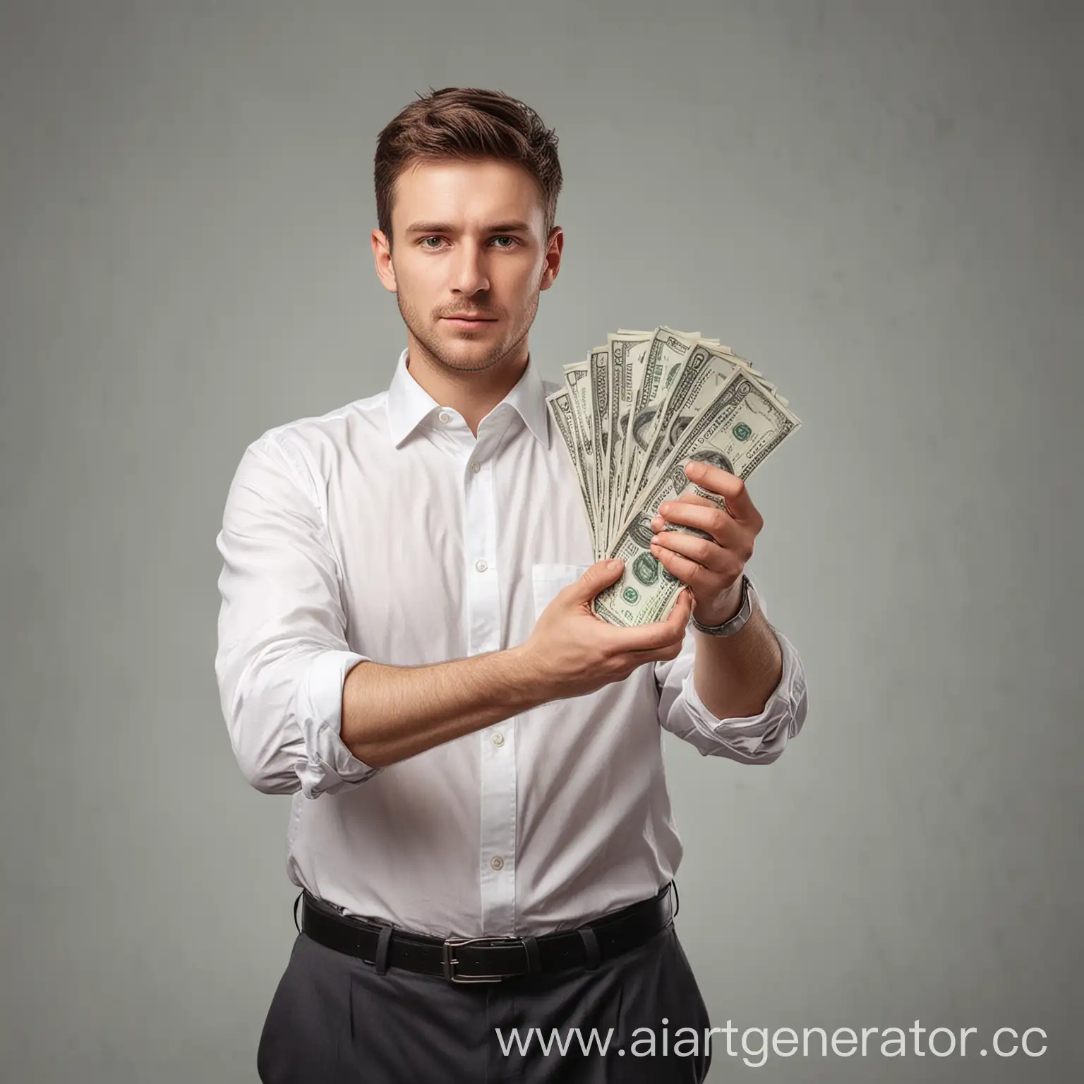 реалистичное фото, белый мужчина в белой рубашке протягивает руки с пачкой денег на руках, предлагая забрать их, повернут под 45 градусов направо