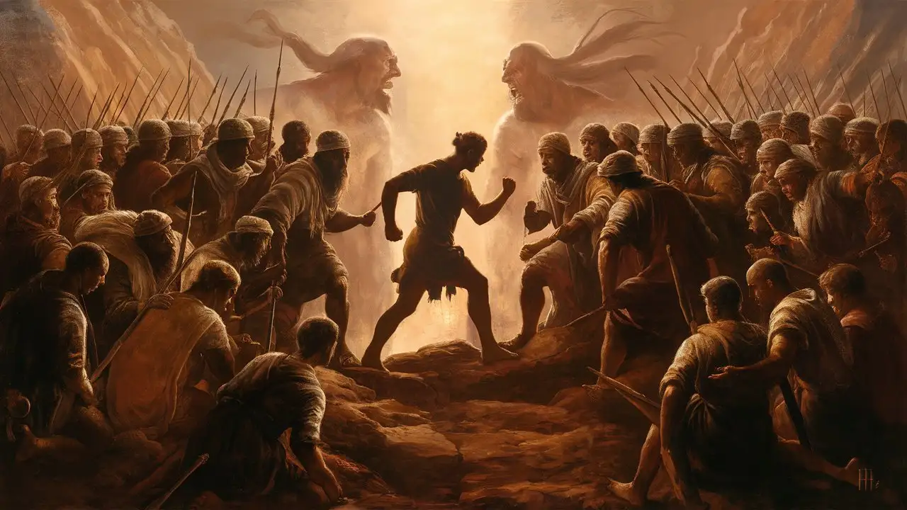 A striking composition featuring David stepping forward from the midst of the Israelite army, his silhouette outlined against the backdrop of the valley of Elah. With each step he takes towards Goliath, his posture grows more resolute, his faith in God serving as a beacon of strength. The contrast between David's solitary bravery and the collective fear of the Israelite soldiers emphasizes the extraordinary nature of his courage.
