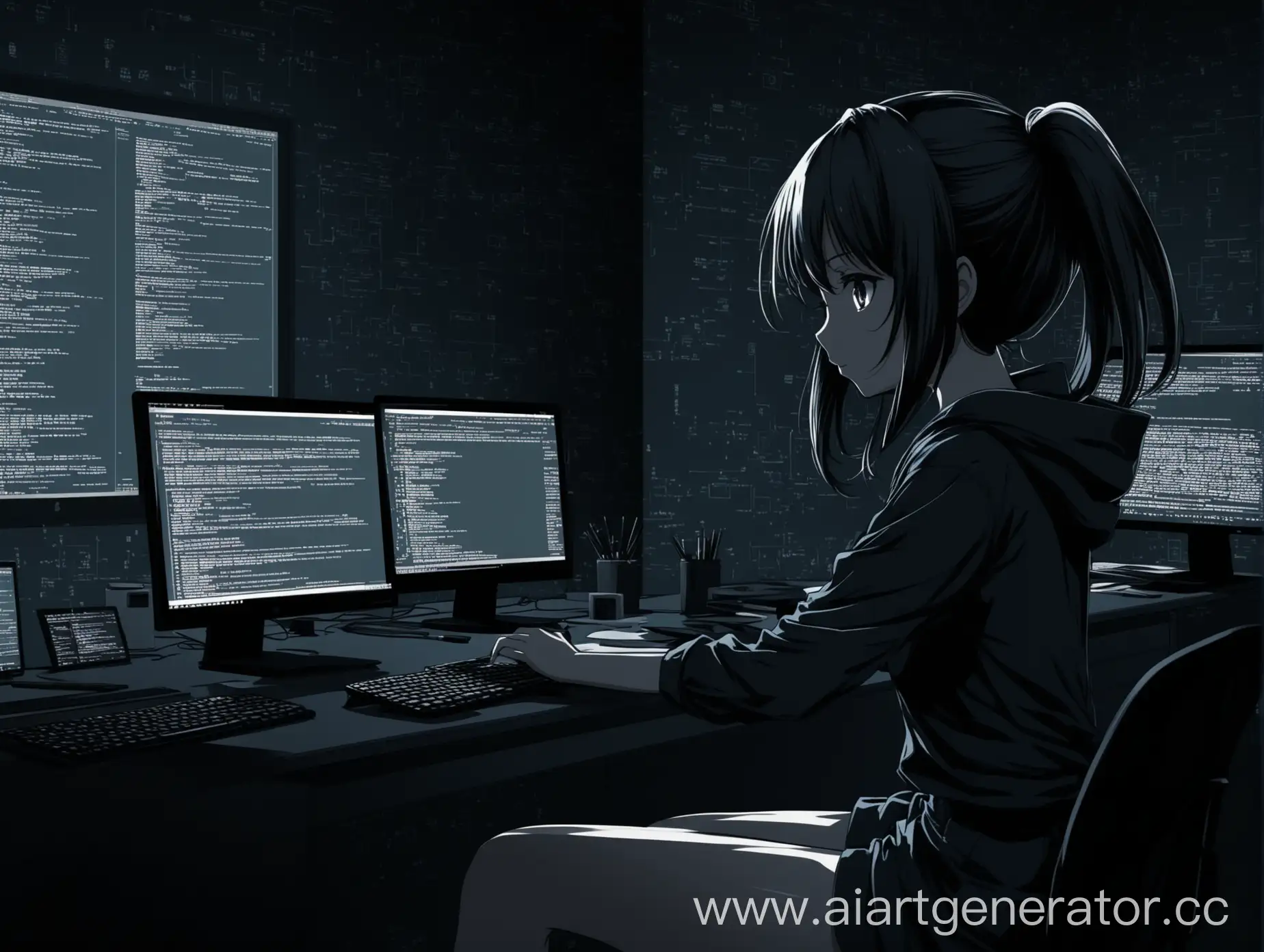 Привет, сделай обои для рабочего стола  с аниме девочкой  занимающаяся программированием в тёмных тонах