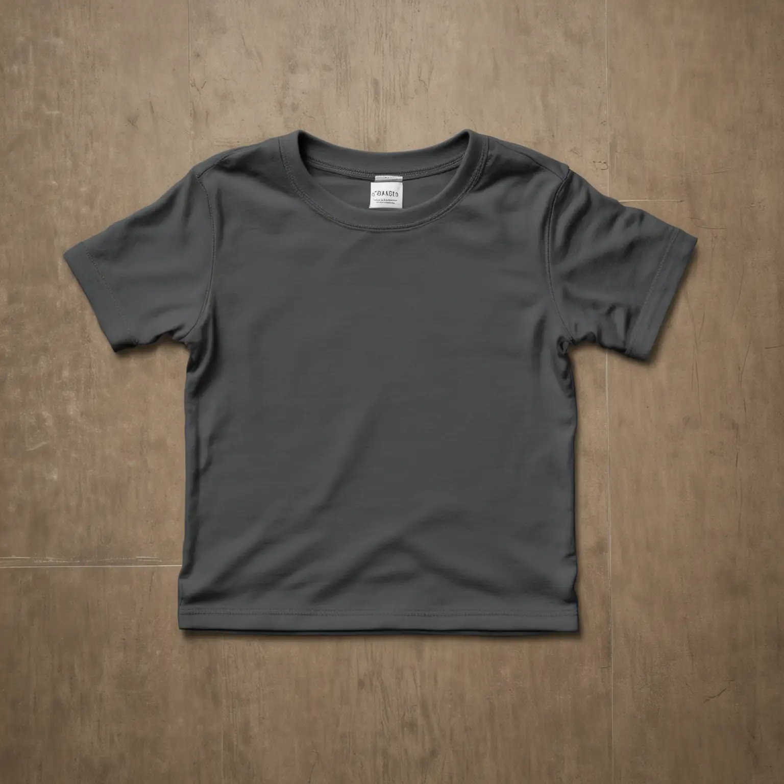 HYPER REALISTIC ironed simmetrical proportional 100% cotton dark grey gildan 5000B toddler tshirt, baby tee no wrinkles, lied on floor seen from above with solid contrasting background floor