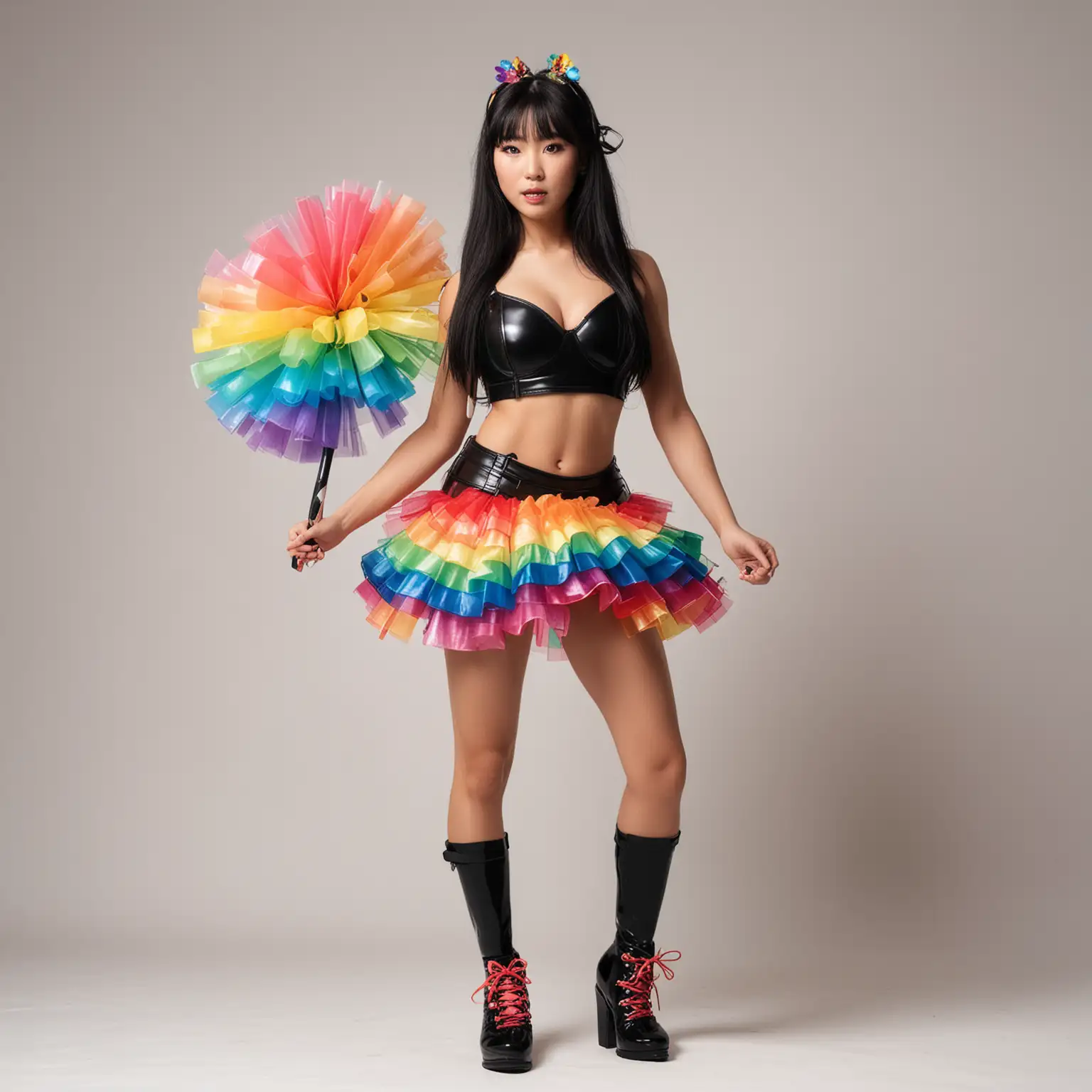 Standing front view, Beautiful toned athletic muscular figure female Japanese supermodel with large breasts, long black hair, in sleeveless black samurai plastic armor, exposed midriff, giant puffy rainbow ballerina tutu, rainbow thigh-high socks, black high-heels, white background