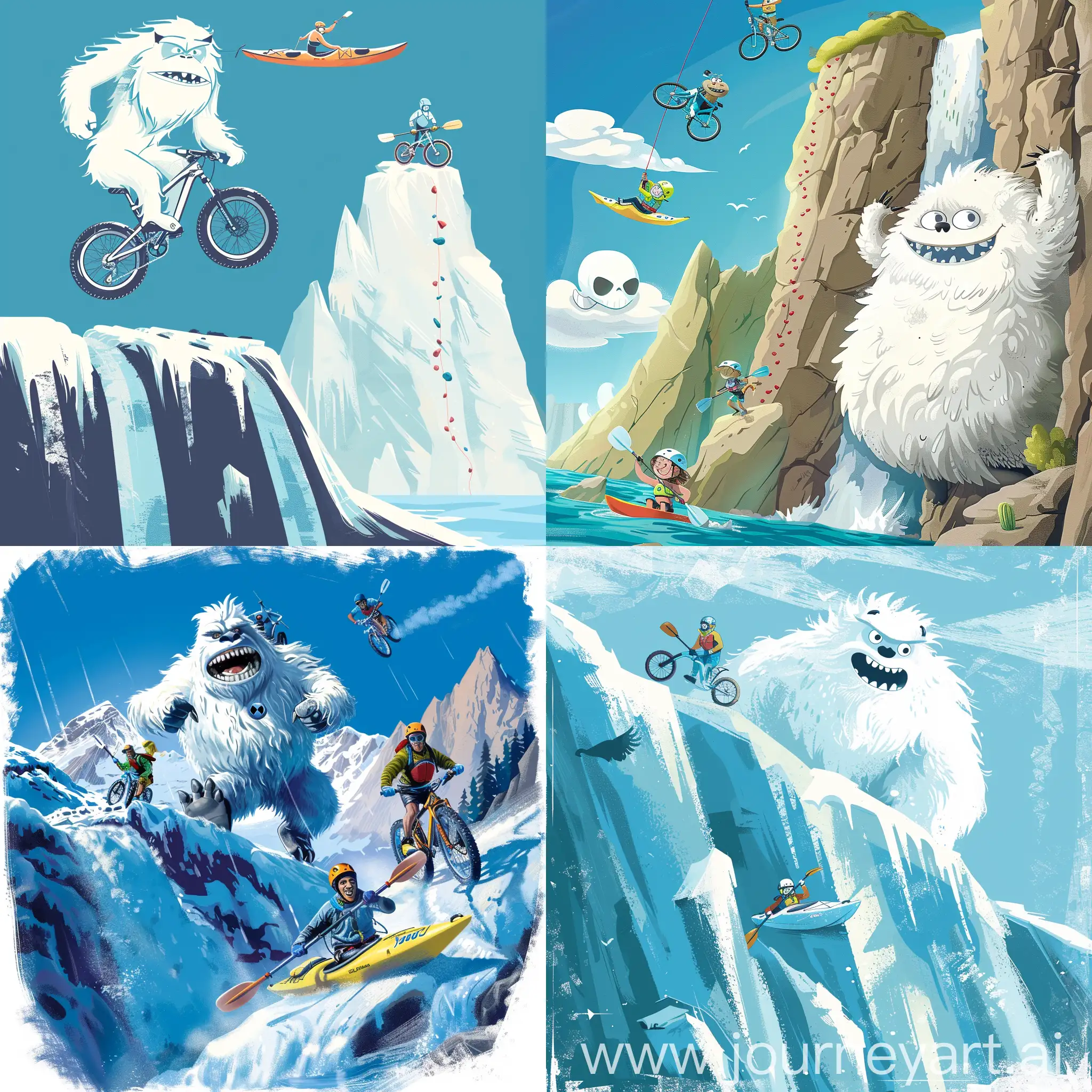 Outdoor-Adventure-Sports-Competition-Yeti-and-Humans-Race-in-Running-Biking-Kayaking-and-Climbing