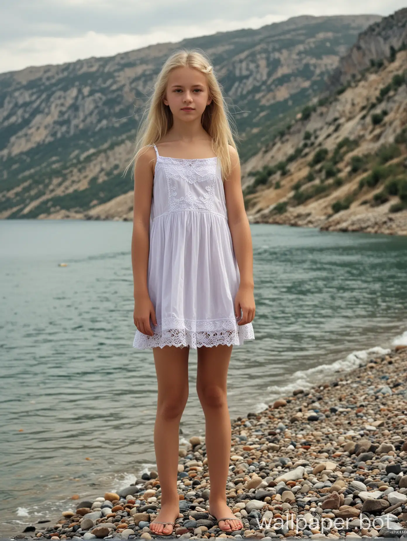 Russian beauty 12 years old, long blonde hair, very short dress, full length, Crimea, mountains, sea